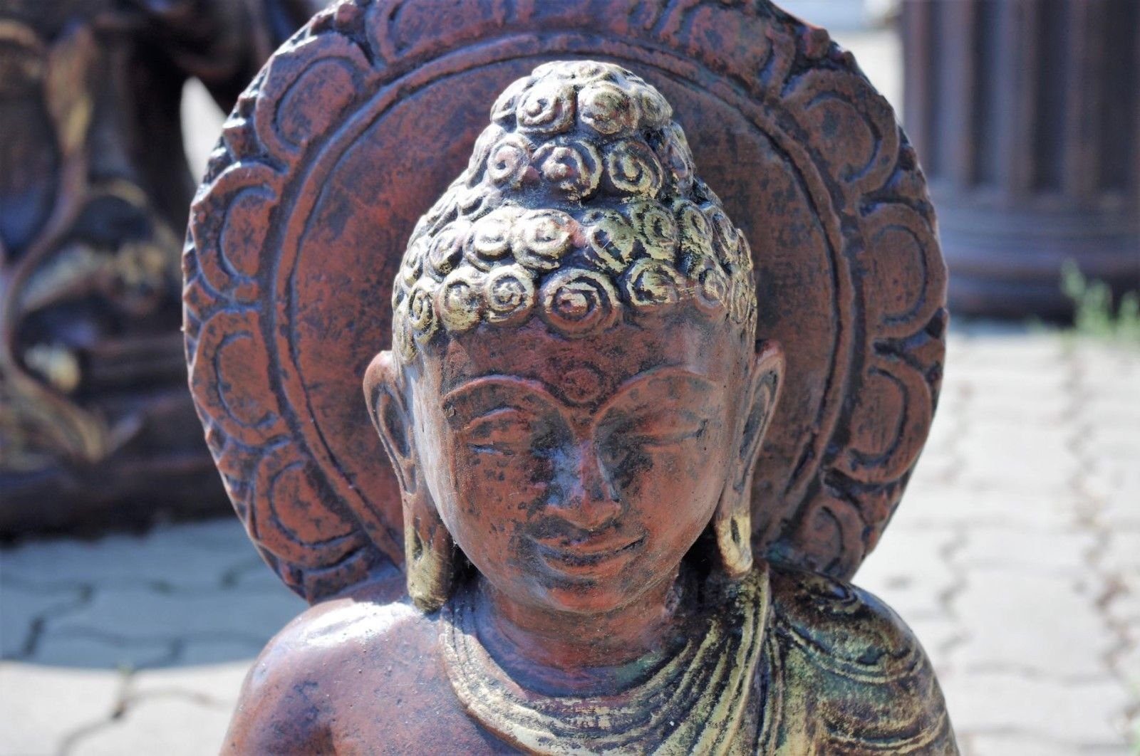 Antikes Wohndesign Gartenfigur 2 x Buddha Kerzenhalter Optik Thai Buddha Feng Garten Statue Bronze