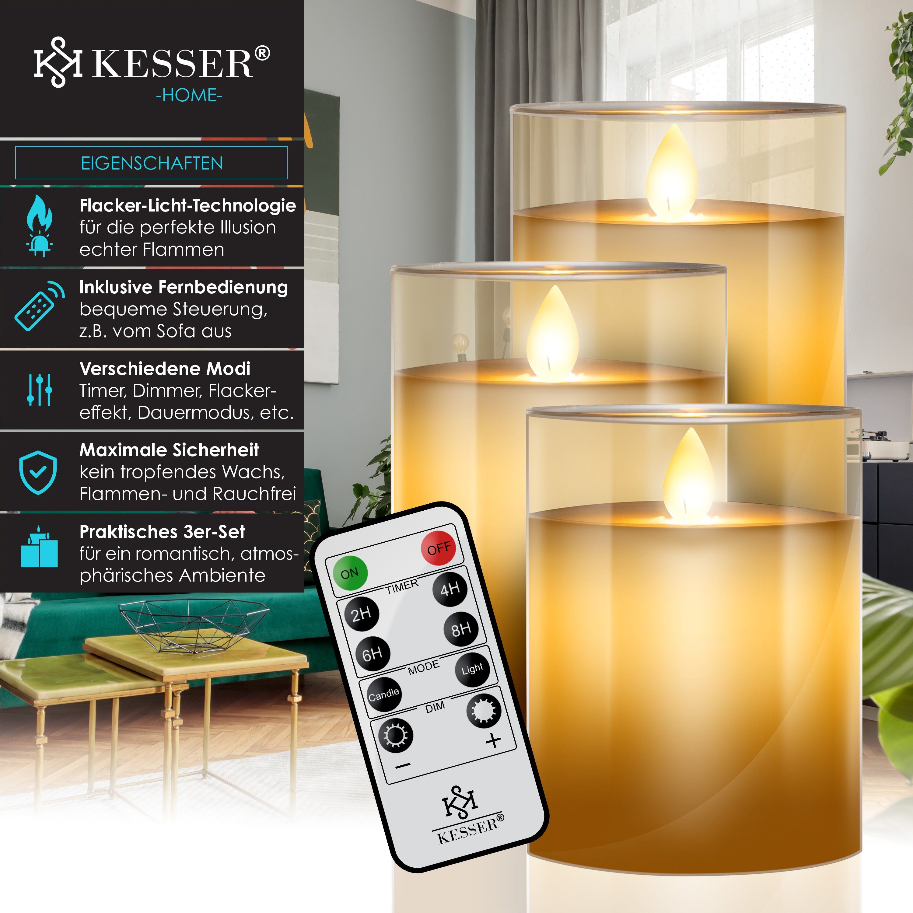 KESSER Timer Flammenlose Set Kerzen gold 3er LED LED-Kerze, mit Fernbedienung Kerze