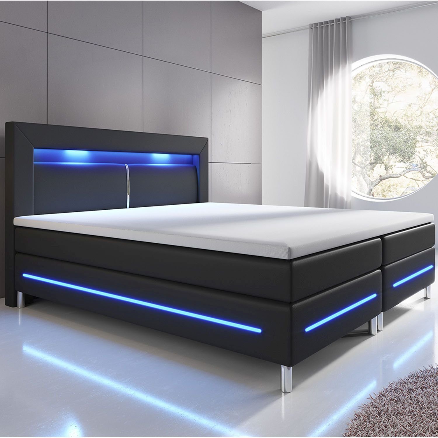 Verpassen Sie es nicht Juskys Boxspringbett Bett LED-Beleuchtung x Kopfteil Norfolk, Topper, 200 mit cm, 140 und schwarz Federkernmatratze