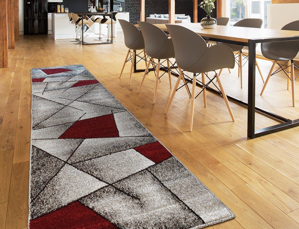 oKu-Tex Bettumrandung 3 teilig, Läufer (67 x 340 cm) + Brücken (2 x 67 x 140 cm), Kurzflor, (Set 3 teilig, 3-tlg), Teppich Schlafzimmer Bettvorleger Set schmal gewebt rot meliert