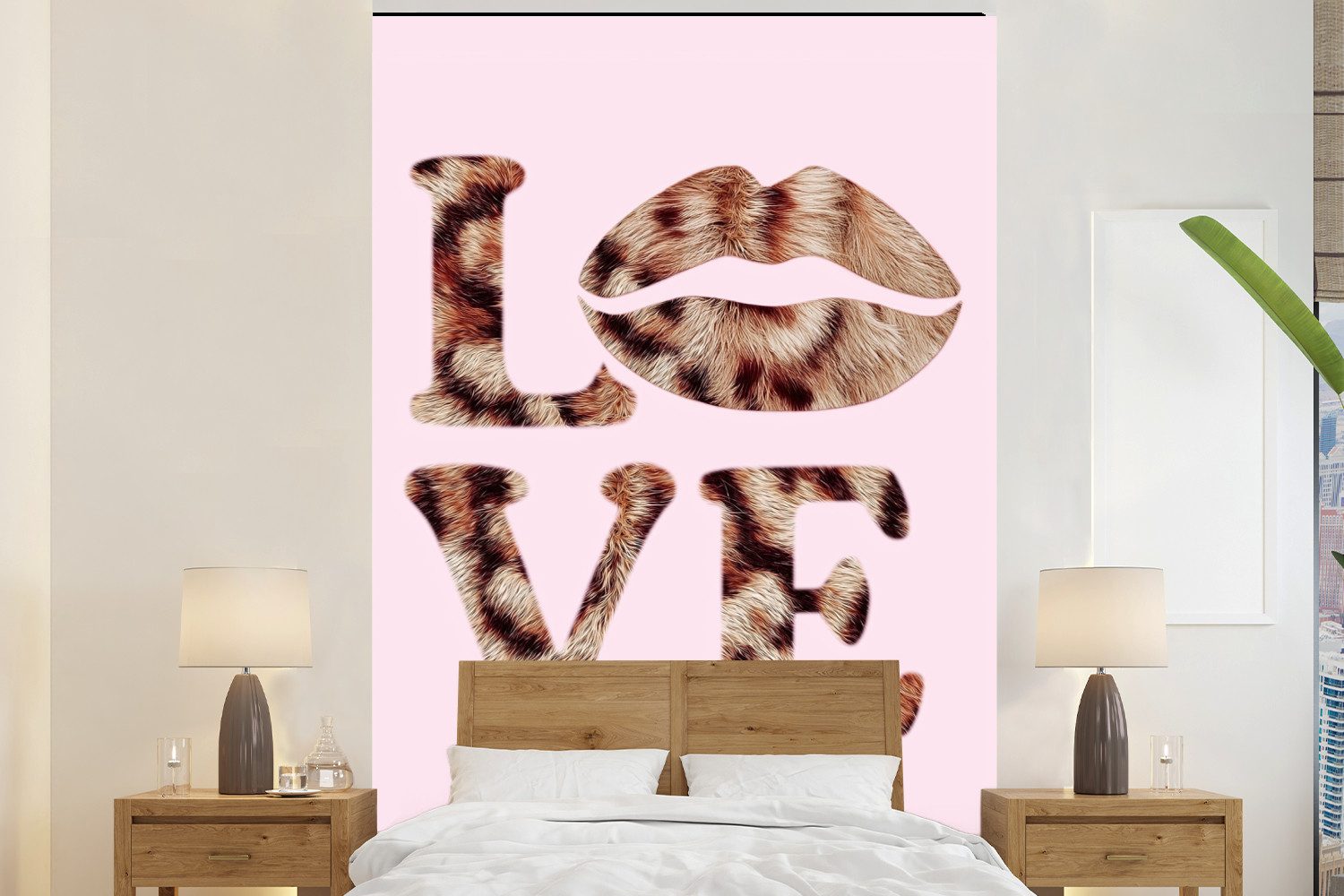 MuchoWow Fototapete Text - Liebe - Panthermantel - Hellrosa, Matt, bedruckt, Montagefertig Vinyl Tapete, Wandtapete, 145x220 cm