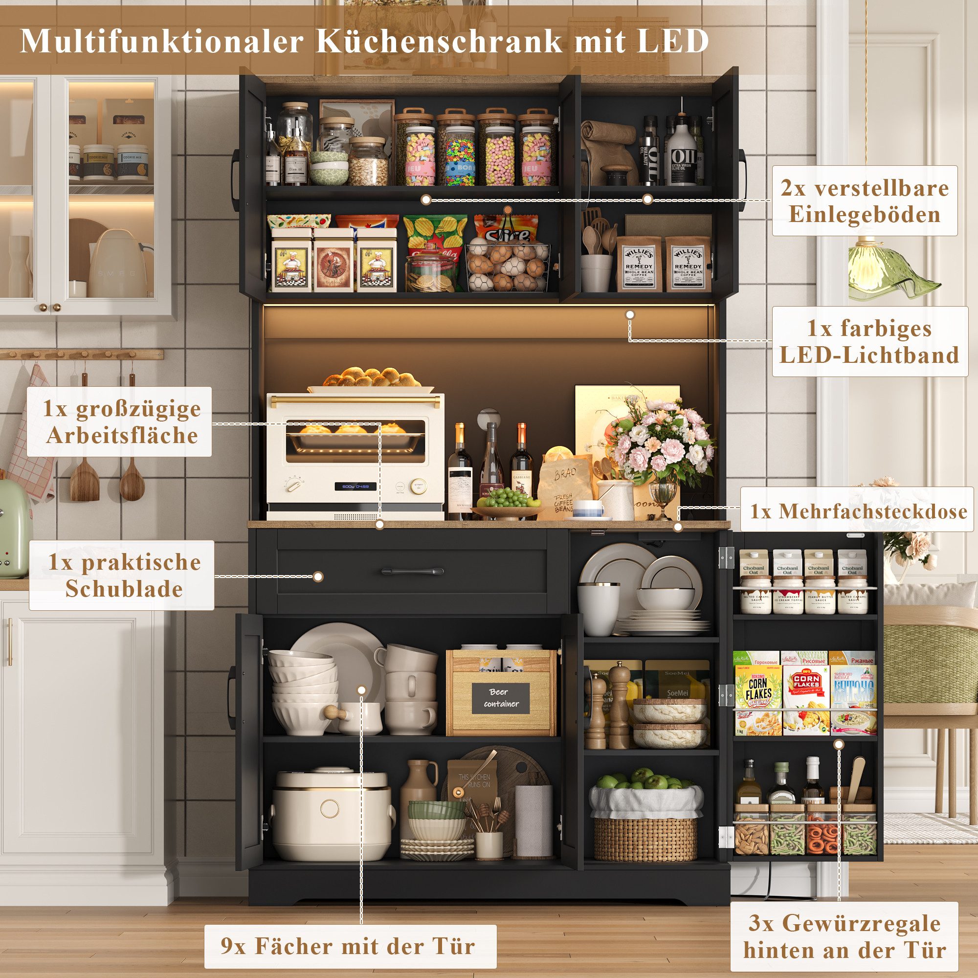 Homfa Küchenbuffet Küchenbuffet mit LED Küchenschrank Buffetschrank Sideboard weiß mit Steckdosenleiste & Arbeitsplatte 180,5x100x38,6cm