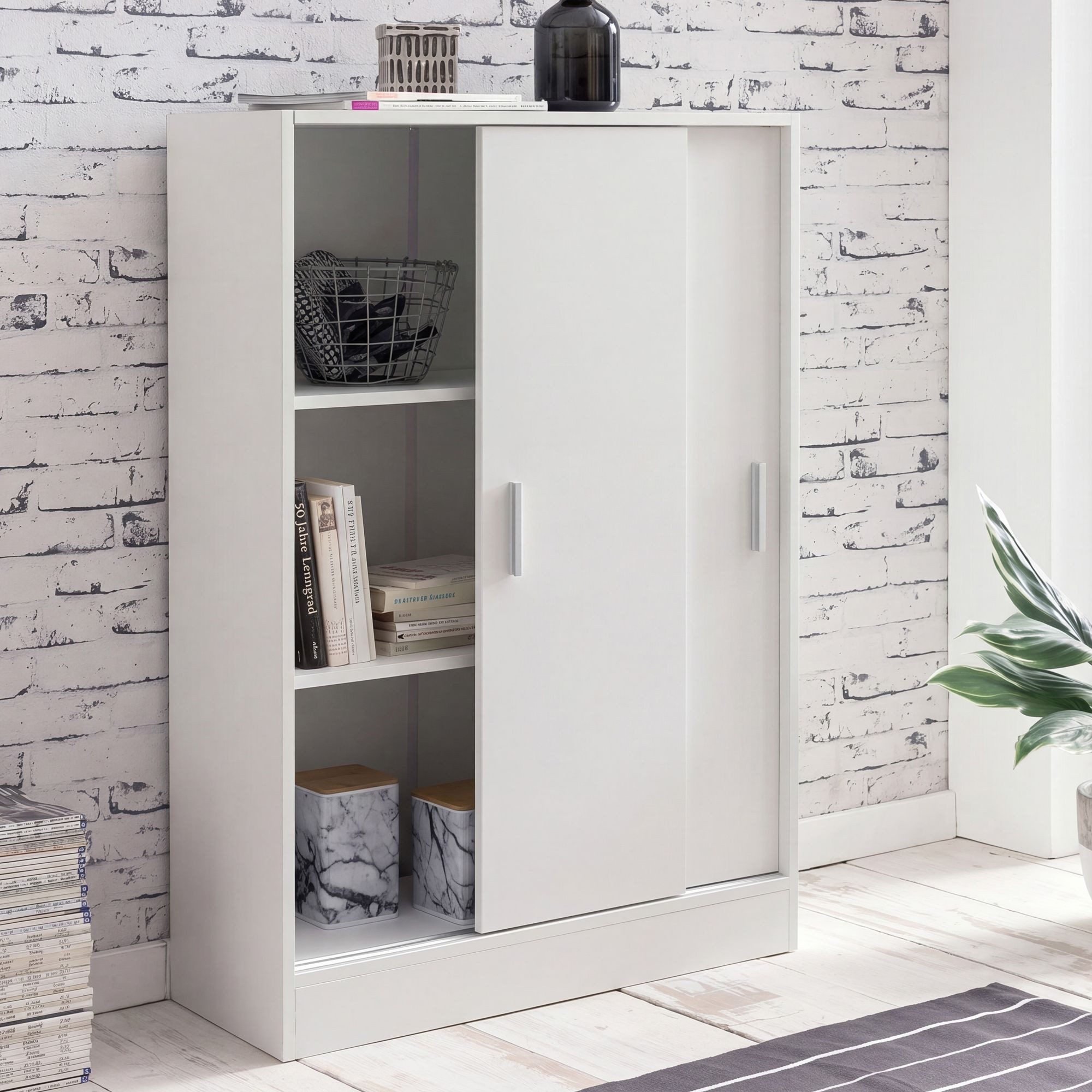 FINEBUY Sideboard FB51842 60cm Weiß mit 2 Schiebetüren Aktenschrank Kommode (Aktenschrank Holz 60 x 107,5 x 28,5 cm Weiß Modern), Mehrzweckschrank Flur, Kleiner Kommodenschrank