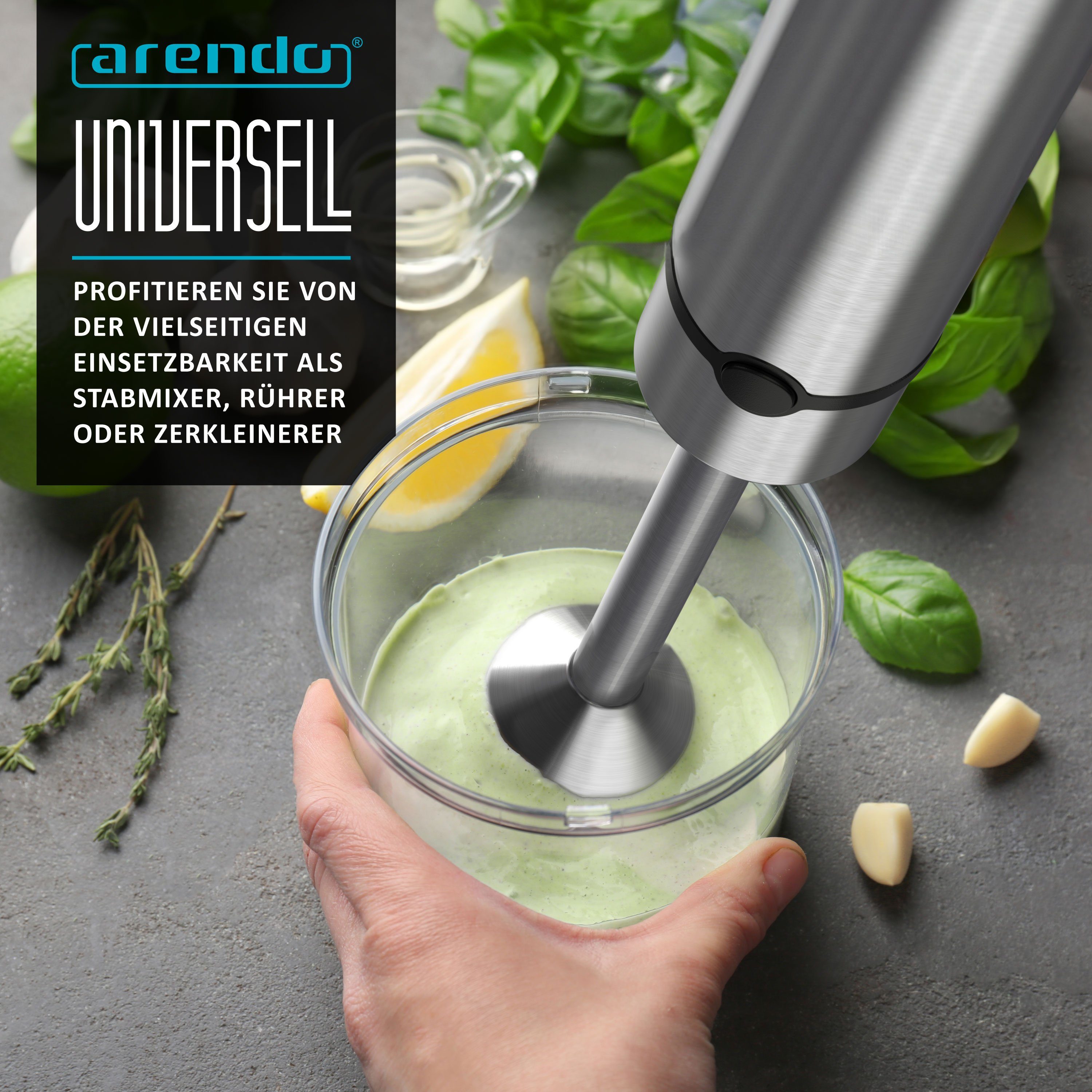 Arendo Stabmixer Edelstahl Pürierstab, Handmixer, stufenlose Regelung, silber, 1500 W, 2 Geschwindigkeitsstufen, 4-Klingen, einfache Reinigung, DC Motor – Bild 5 von 5