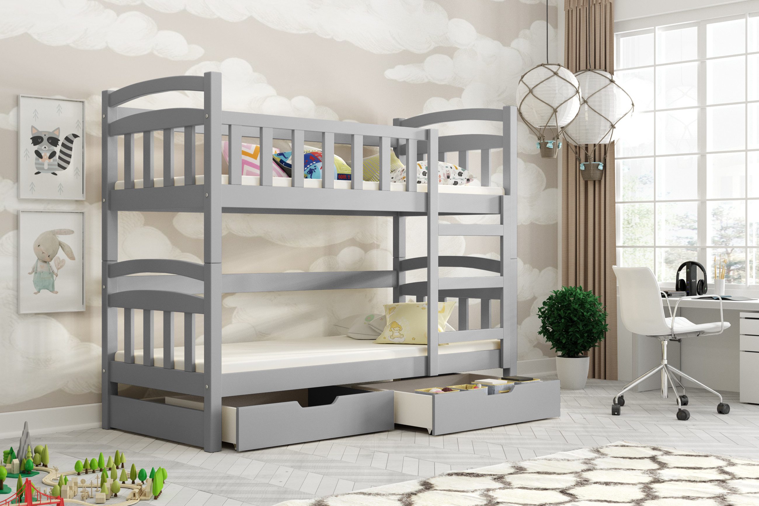 thematys Hochbett Etagenbett Stockbett mit Rausfallschutz - MADE IN EU EXKLUSIV AUF OTTO (zwei Schubladen, Lattenrost - 80x160, 80x180cm, 90x200cm, Kinderbett für Jungen und Mädchen, robust, sicher, viele bunte Farben) aus Kiefermassivholz - INKL. 2 Matratzen
