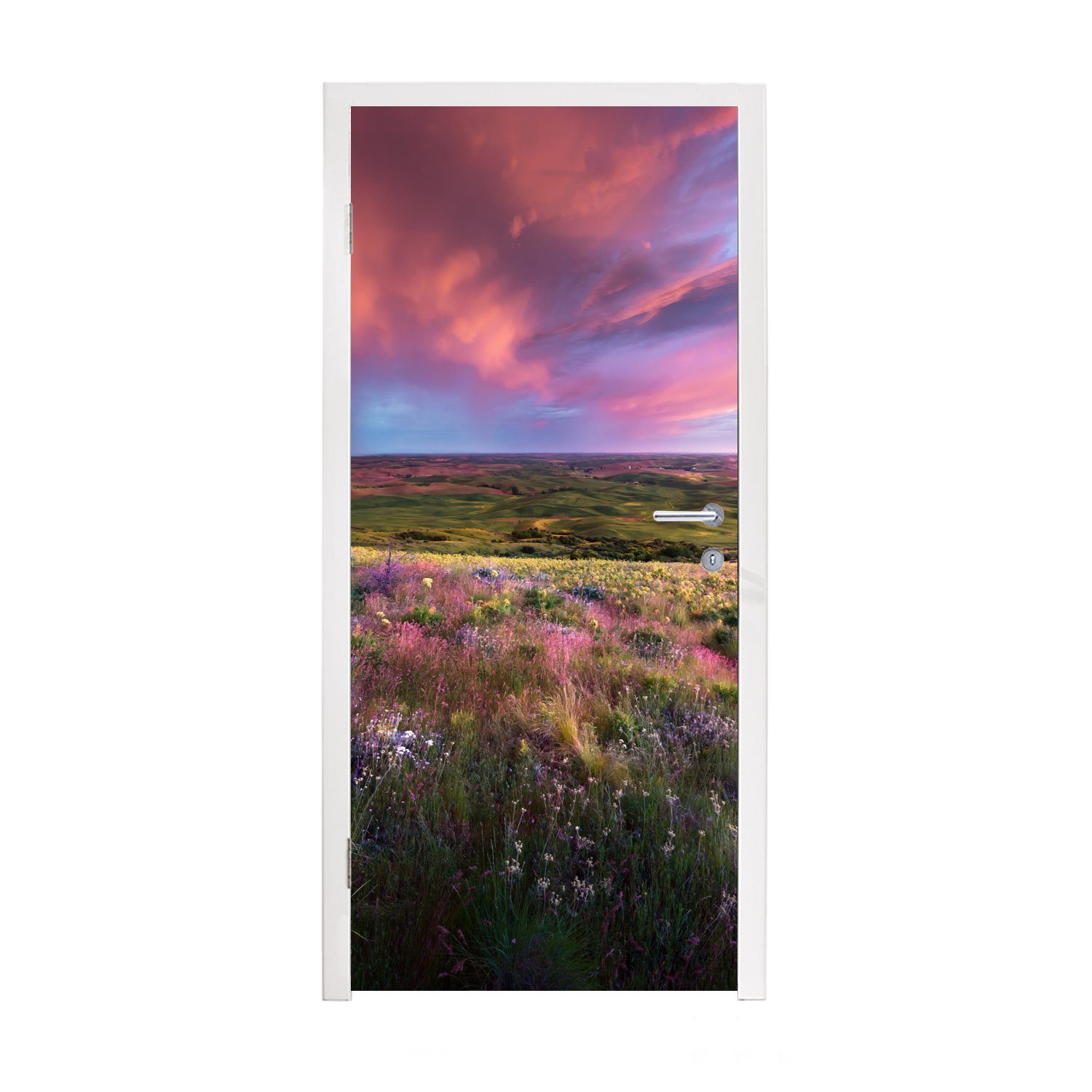 MuchoWow Türtapete Sonnenuntergang - Blumen - Heidekraut, Matt, bedruckt, (1 St), Fototapete für Tür, Türaufkleber, 75x205 cm