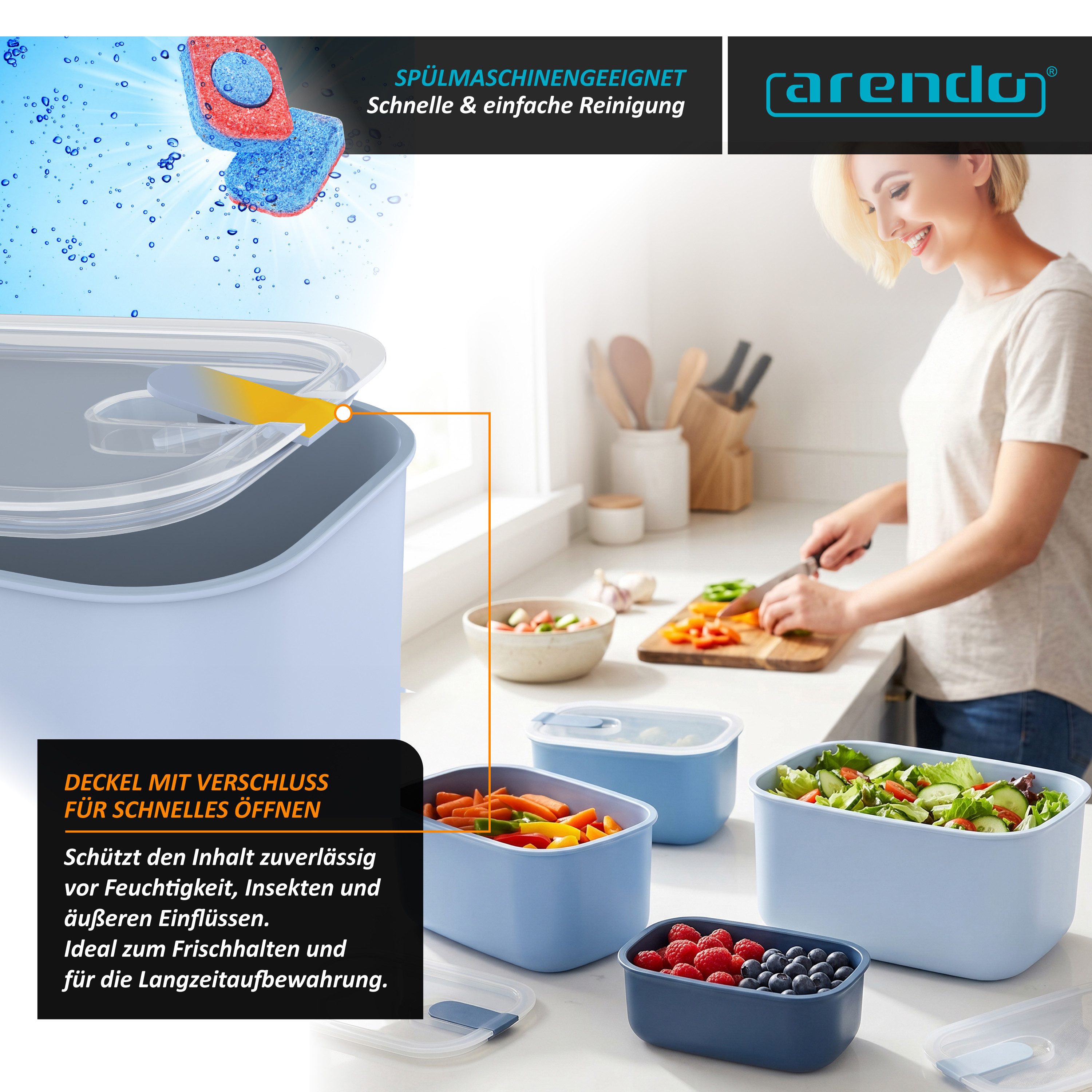 Arendo Frischhaltedose mit Deckel 4er Set, Vorratsdosen, Lunchboxen, auslaufsicher, stapelbar, Polypropylen (PP), (Set, 4-tlg., Dosen mit Deckel, 4700 ml, 2900 ml, 1600 ml, 800 ml), Mikrowellen-, Gefrier- & spülmaschinengeeignet, luftdicht