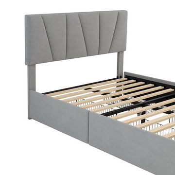 WISHDOR Polsterbett Doppelbett Stauraumbett Bett mit Lattenrost (140*200cm)ohne Matratze), mit vier Schubladen auf zwei Seiten, Verstellbares Kopfteil