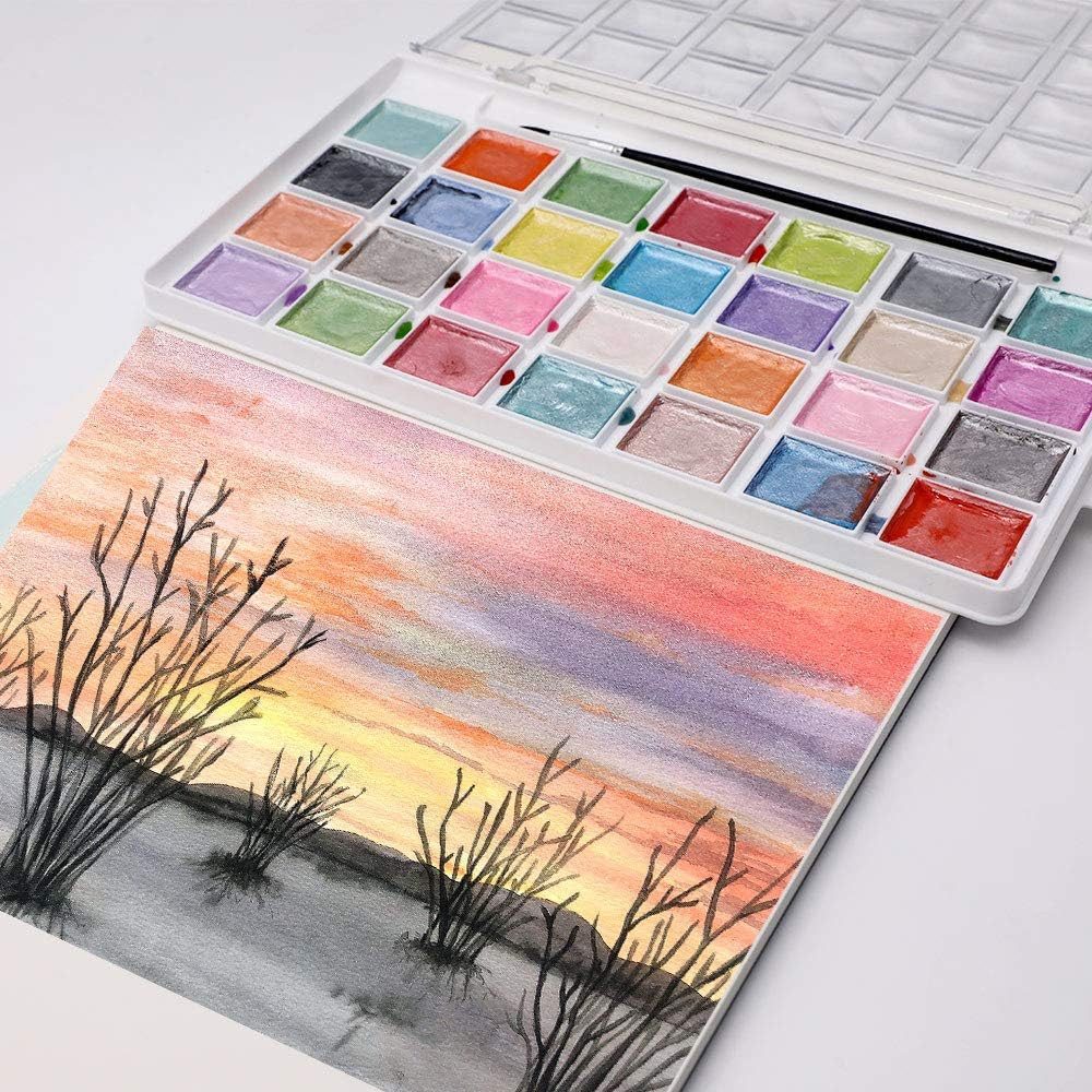 Artecho Aquarellfarbe Wasserfarben Künstler Set, 28 Perlglanz-Metallic Farben mit Pinsel, Schimmernde Wasserfarben für Künstler, Hobbymaler & Einsteiger