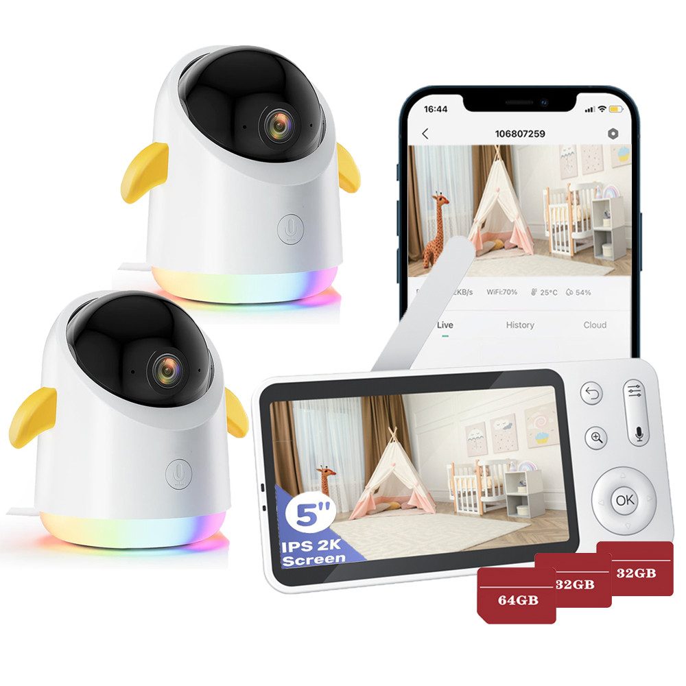 Video-Babyphone 5,0 Zoll Babyphone mit 2 Kameras und APP Baby-Monitor mit Split-Screen
