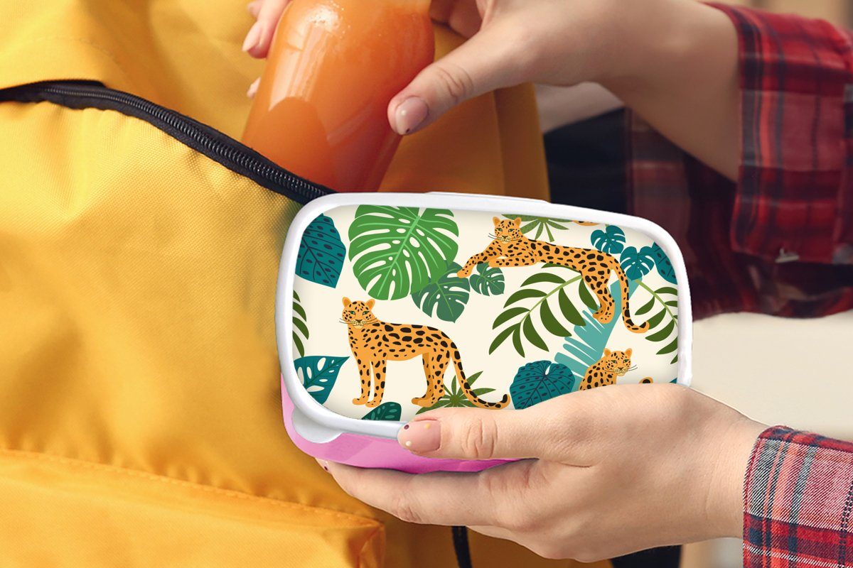 MuchoWow Lunchbox Dschungel - Leopard für Kunststoff - Brotdose Brotbox Mädchen, Erwachsene, Pflanzen Muster - - Snackbox, Jungen, rosa Kinder, - (2-tlg), Mädchen Kunststoff
