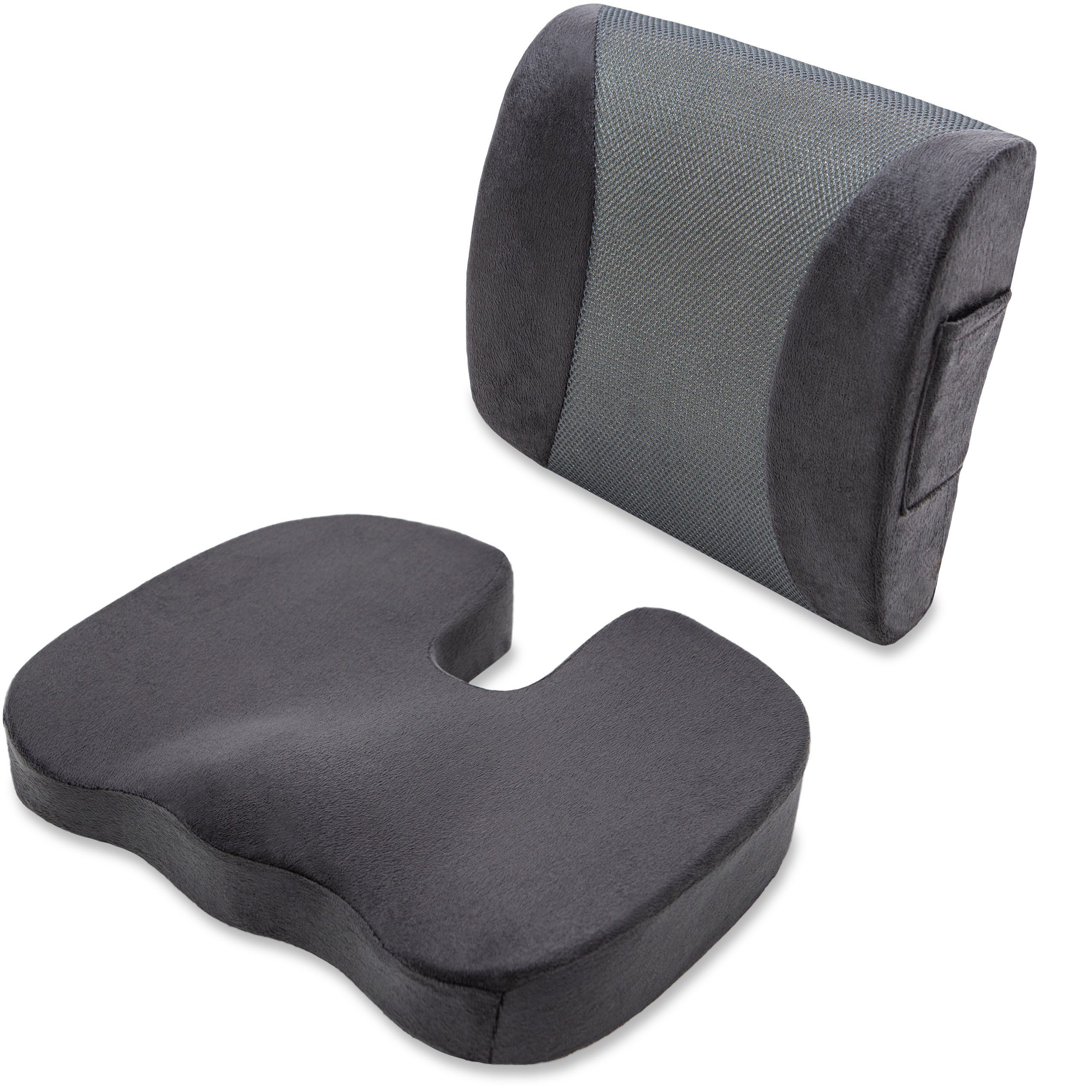 Vitabo Rückenkissen Set aus Lordosenstütze und Sitzkissen, ergonomisch (Dunkelgrau), Kombi-Set, 1-tlg., enthält: Rückenkissen (34 x 32 cm) und Sitzkissen (43 x 35 cm)