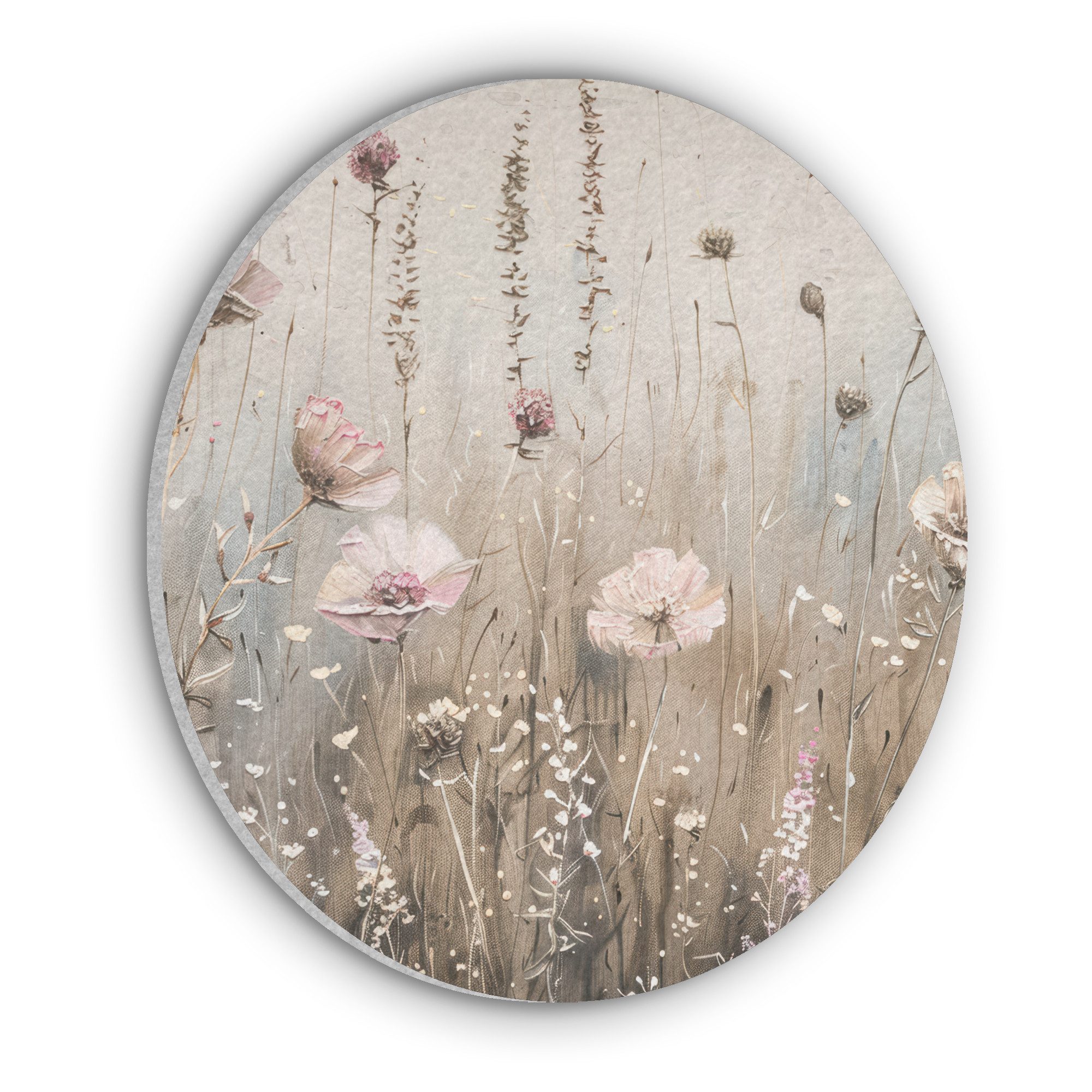 MuchoWow Gemälde Blumen - Rosa - Modern - Beige, Fotodruck (1 St), Akustikpaneele rund, Schalldämmung, Akustikbilder 30x30 cm