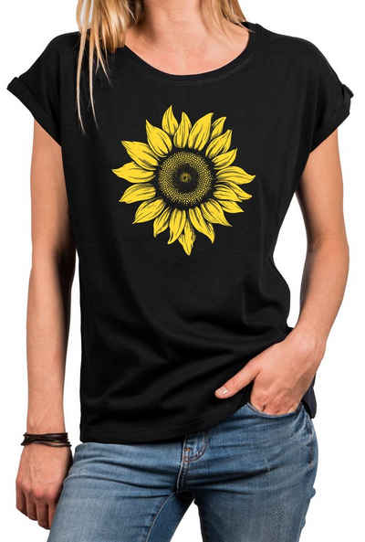 MAKAYA Print-Shirt Damen Blumenpint Sonnenblume Blumen Motiv Blumenmuster Sommer Top Baumwolle, große Größen