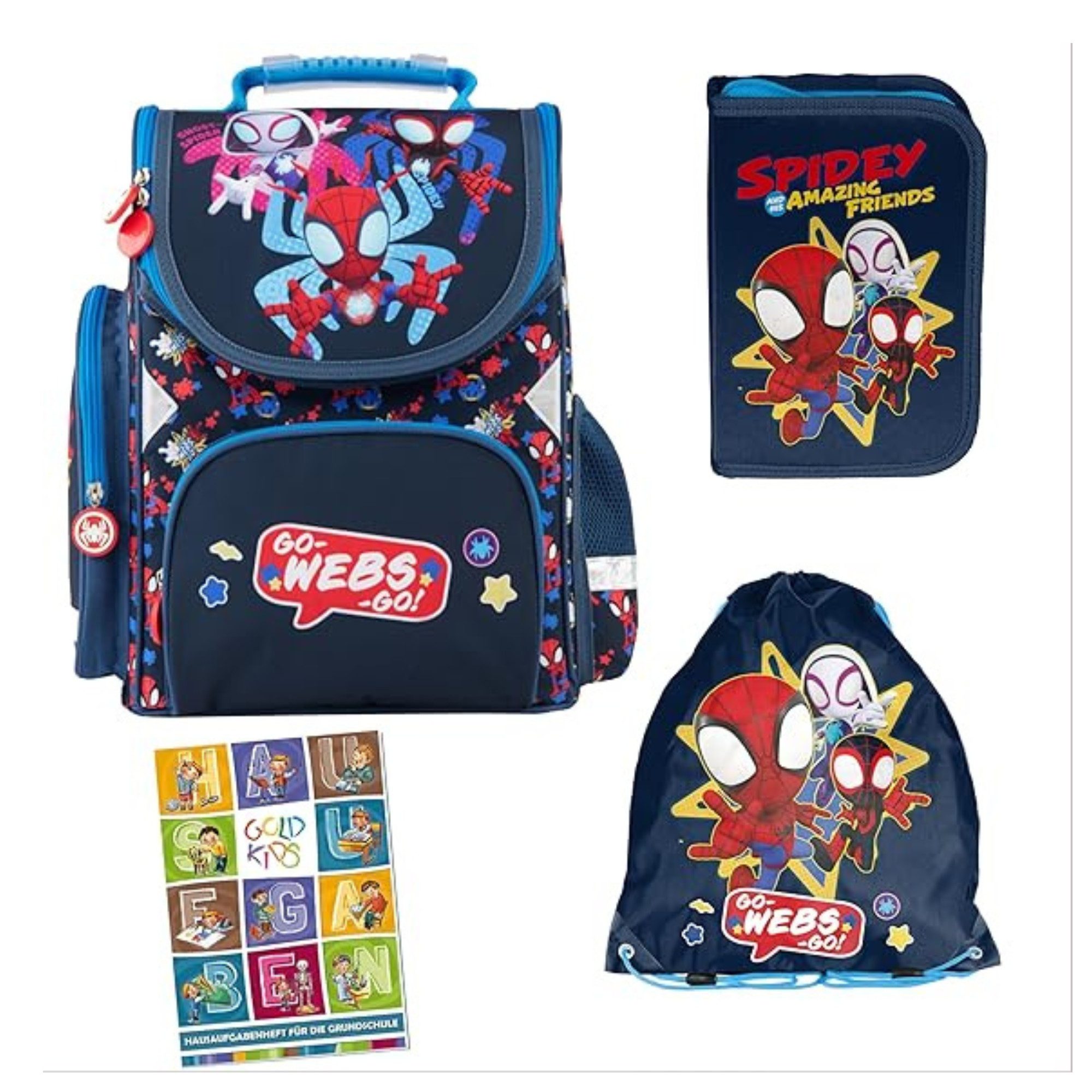 GOLDKIDS Schulranzen für Jungen und Mädchen - Schul- (Rucksack für Kinder mit, 1-tlg., Federmäppchen - Schuhbeutel und Hausaufgabenheft), - Spiderman Motiv - 1-3 Klasse