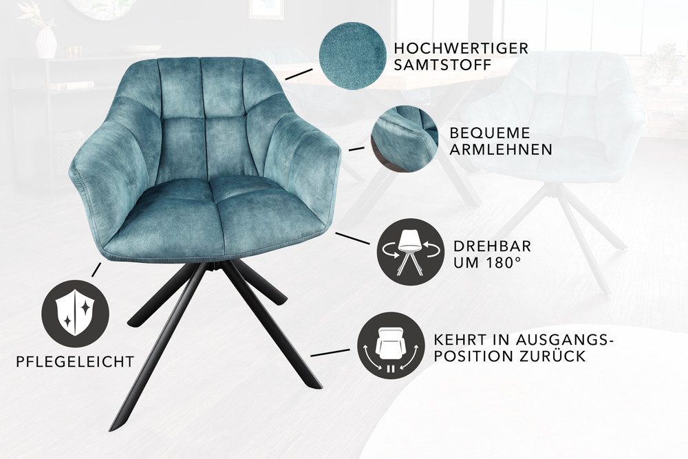 riess-ambiente Polsterstuhl PAPILLON petrol/schwarz –Samt-Bezug, mit Armlehne, Metall (Einzelartikel, 1 St), 180° drehbar & automatischer Rückführung – ideal fü – Bild 5 von 5