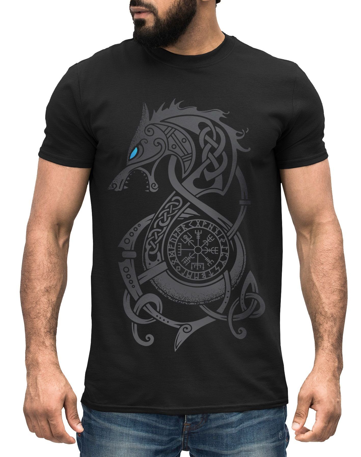 Neverless Print-Shirt Herren T-Shirt Fenriswolf Vegvisir Neverless® Print Wikinger Wolf nordisch Kompass Asgard Fenrir mit
