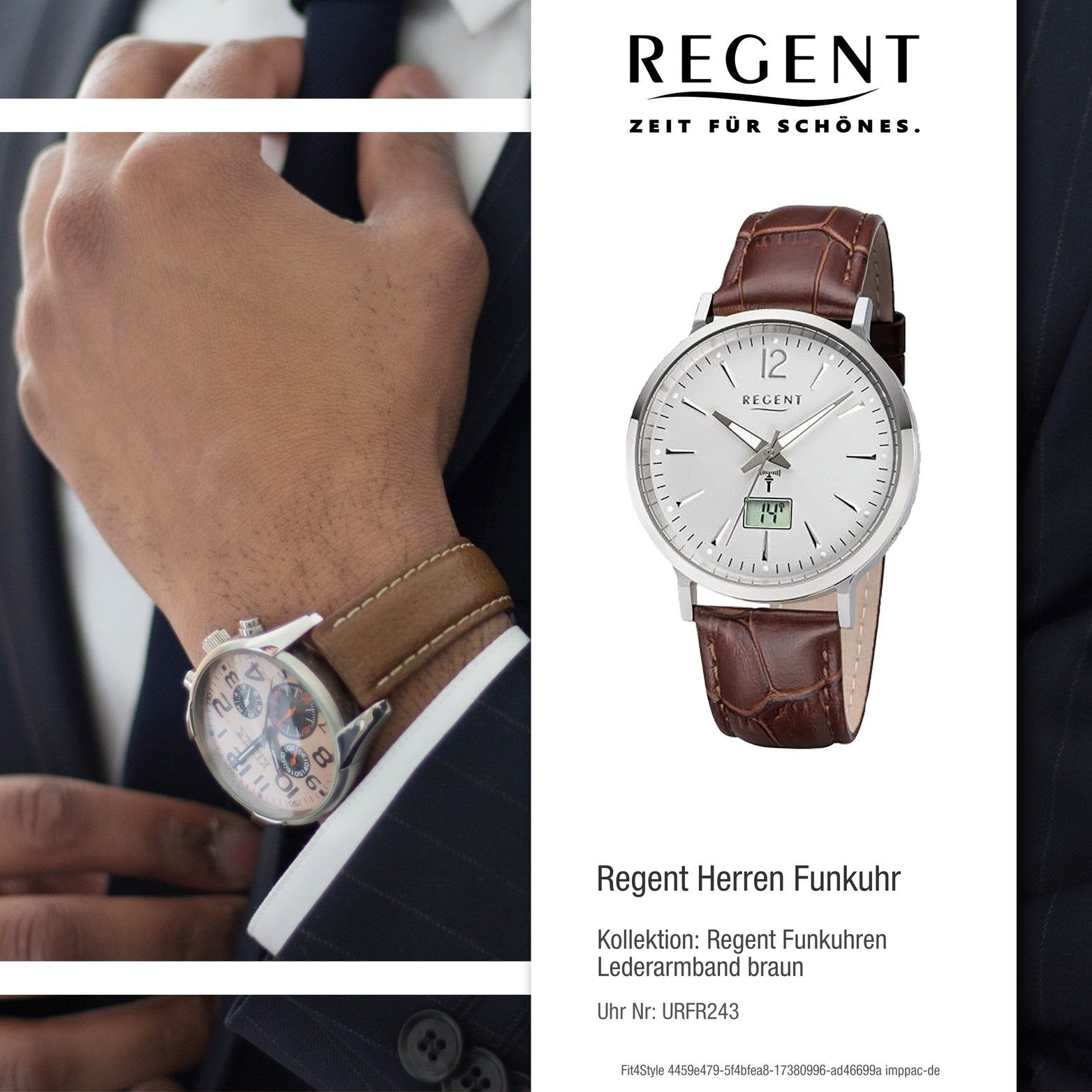 Uhr 40mm), Regent Funkuhr Lederarmband, Leder rundes mit Regent Gehäuse FR-243, Elegant-Style Herrenuhr Herren (ca.