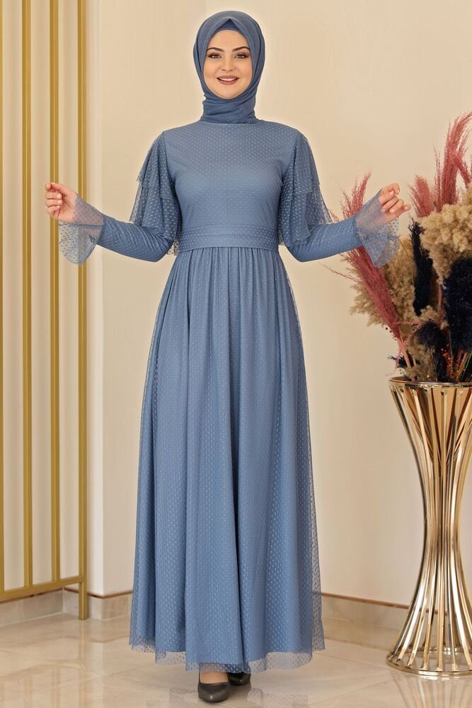Modavitrini Tüllkleid Abendkleid aus gepunktetem Tüll Hijab Kleid Abiye Abaya Indigo-Blau
