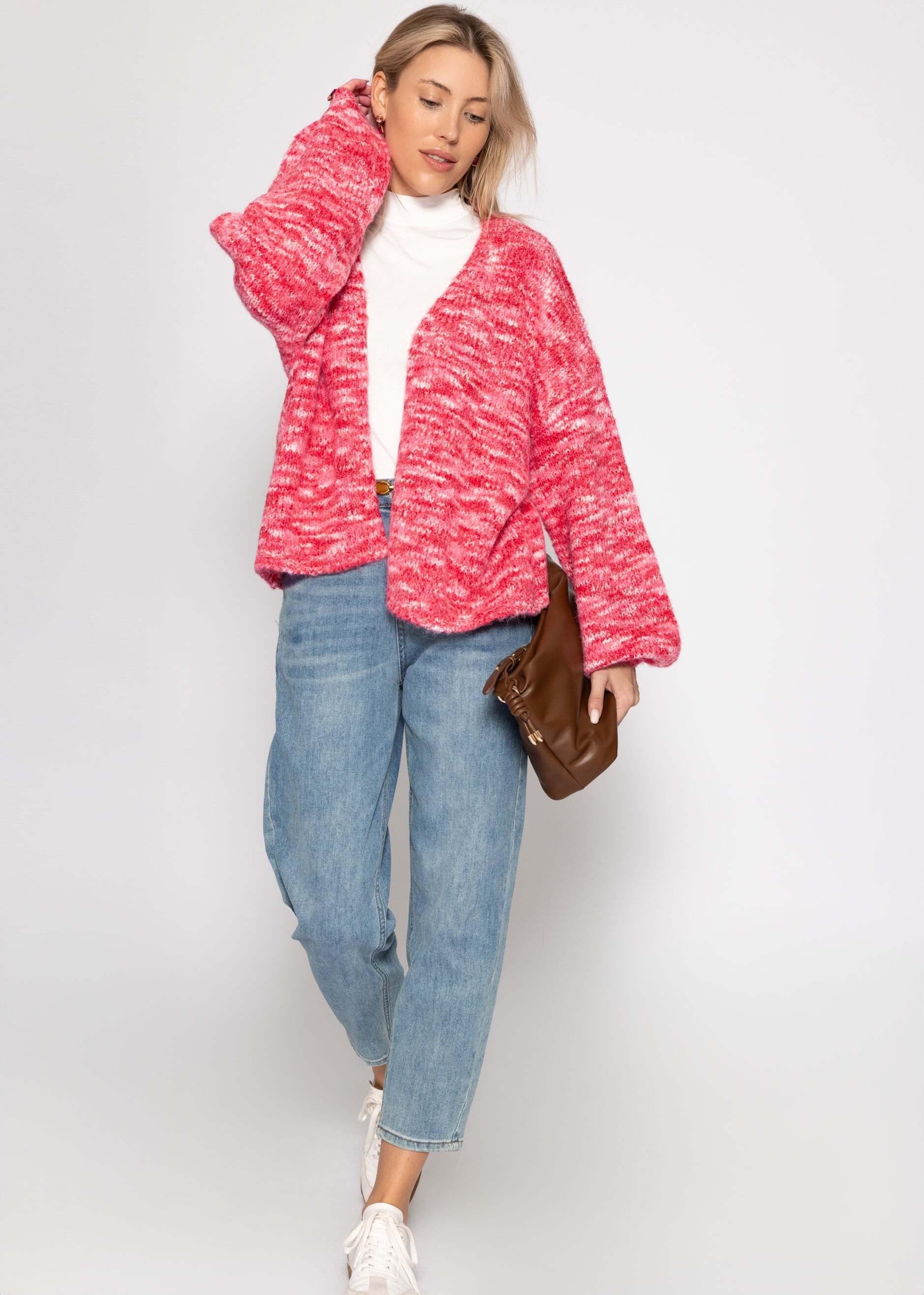 SASSYCLASSY Cardigan Zweifarbiger Cardigan für Damen Offene Strickjacke mit weiten Ärmeln in meliertem Look Pink Gelb