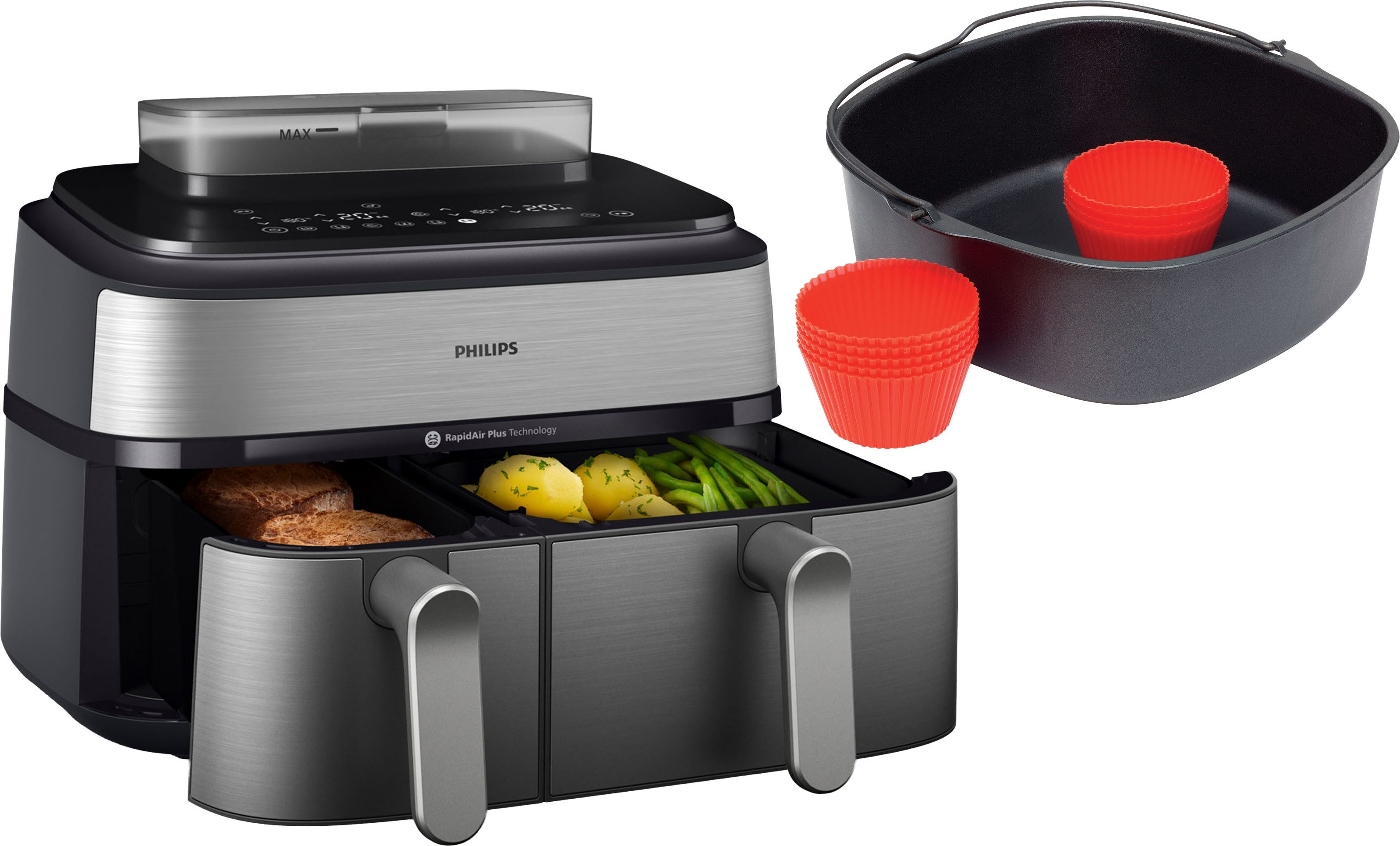 Philips Heißluftfritteuse NA555/00 Steam Airfryer 5000 Series Dual Basket, 9L Kapazität (3L+6L), 2750 W, mit Dampfgar-Funktion; Silber/Edelstahl