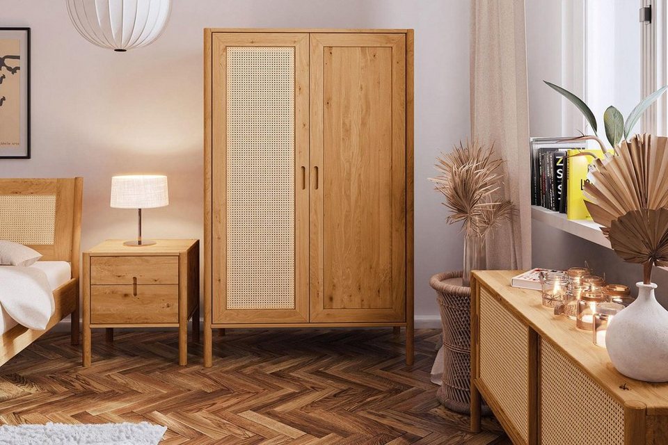 Natur24 Kleiderschrank Kleiderschrank Zola Wildeiche massiv mit Rattan  108x175cm mit 2 Türen