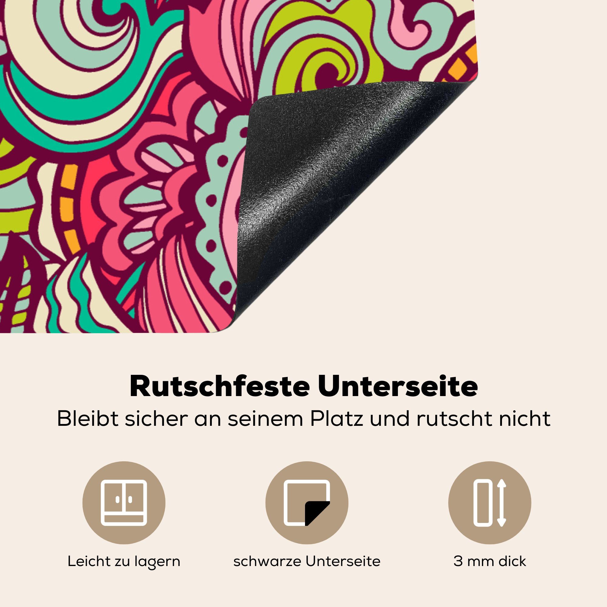 Vinyl, - für Regenbogen Blätter - Design, - MuchoWow Induktionsmatte Blumen 59x52 (1 cm, Herdblende-/Abdeckplatte küche, Ceranfeldabdeckung die tlg),