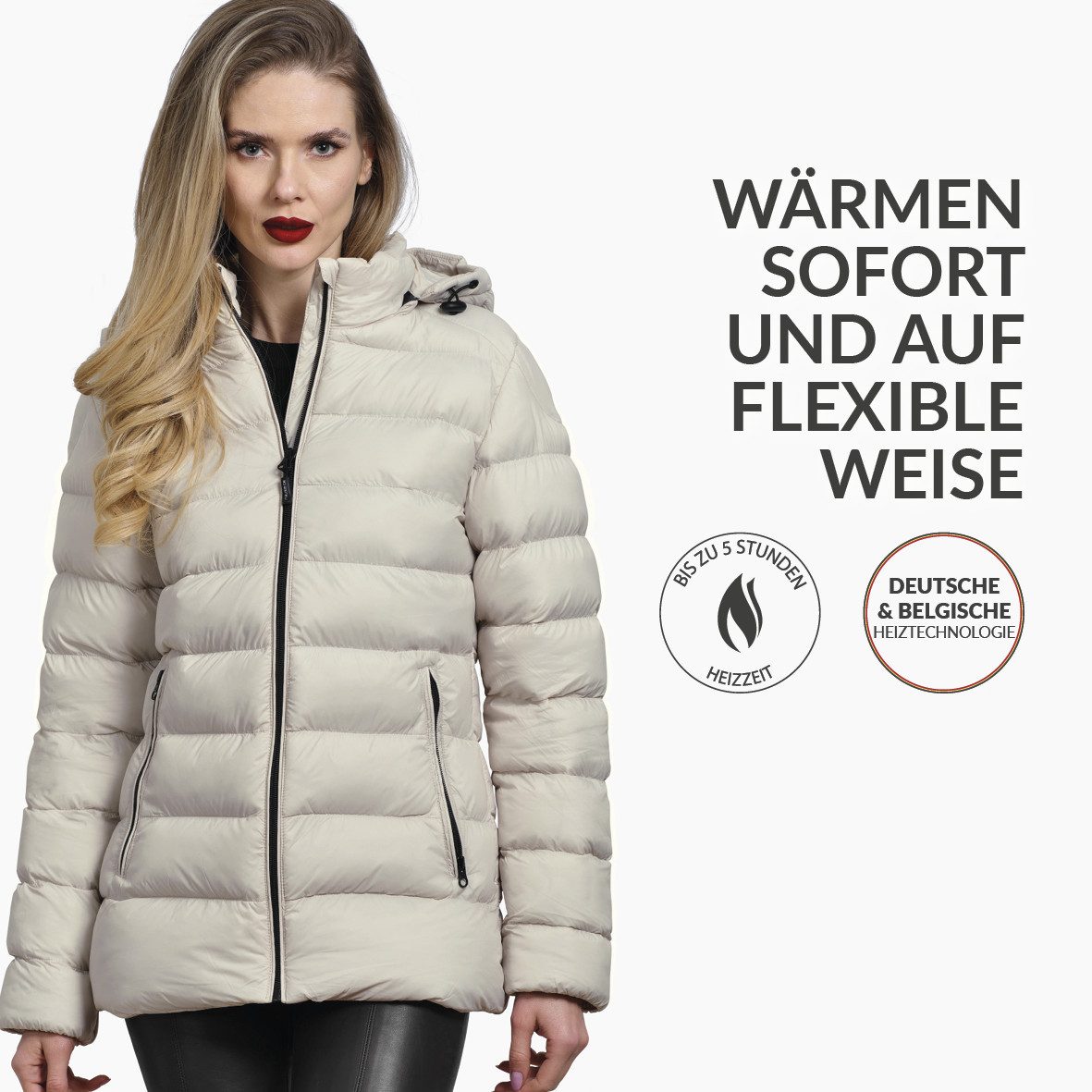30seven Steppjacke beheizte Steppjacke Slim Fit mit verstellbarer Kapuze - Taupe 5V Set inkl. 2 Powerbanks & Ladegerät