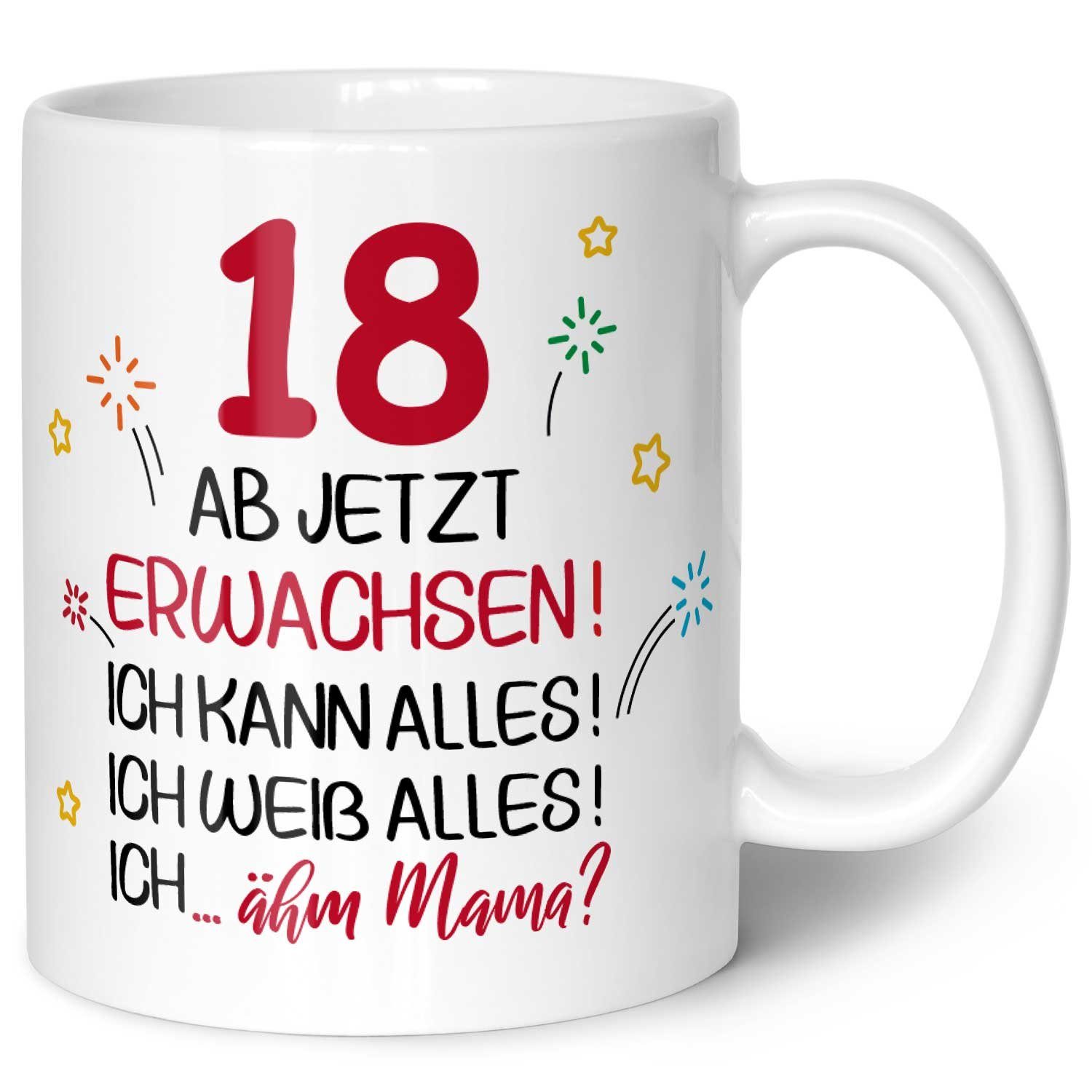GRAVURZEILE Tasse mit Spruch - 18 ab jetzt erwachsen - Geschenk für Mädchen & Jungen, zum 18. Geburtstag - Geburtstagsgeschenk - Weiß
