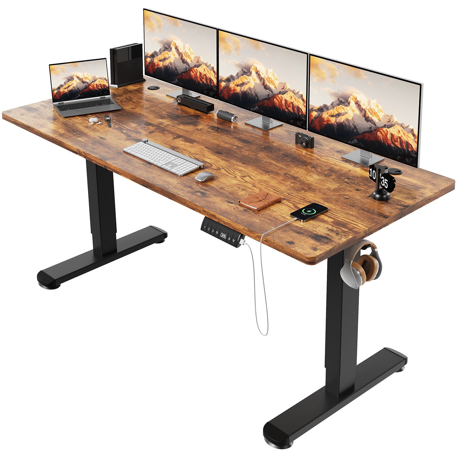 HOMALL Schreibtisch Höhenverstellbarer Elektrisch Schreibtisch, Vierteilige Tischplatte (Große Größe 140*70cm 160/180*80cm, mit USB-Ladeanschluss, einstellbare 3-stufige Höhe)