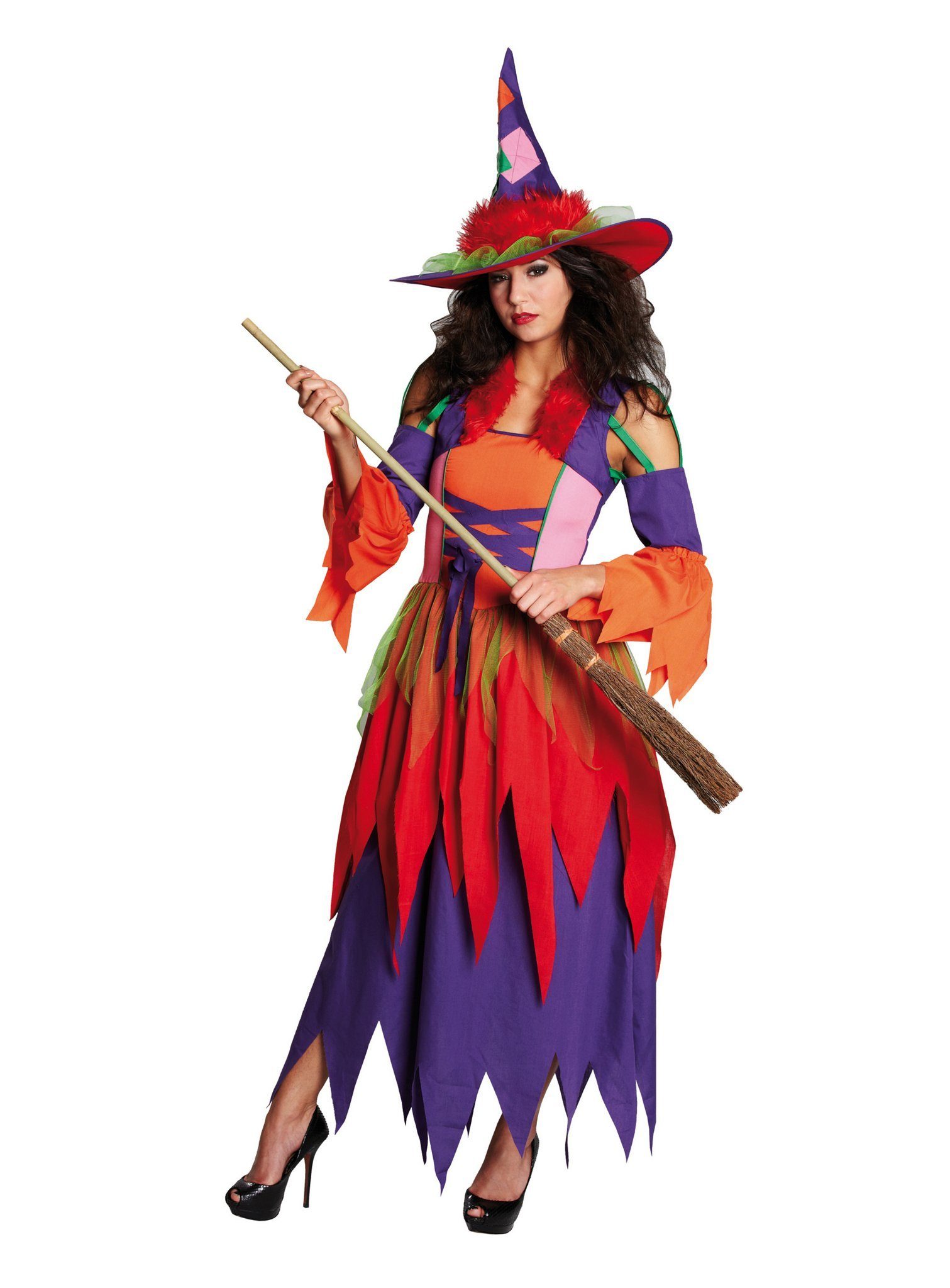 Rubie´s Kostüm Hippie Hexe, Mehrlagiges, knallbuntes Hexenkleid mit rotem Fellbesatz