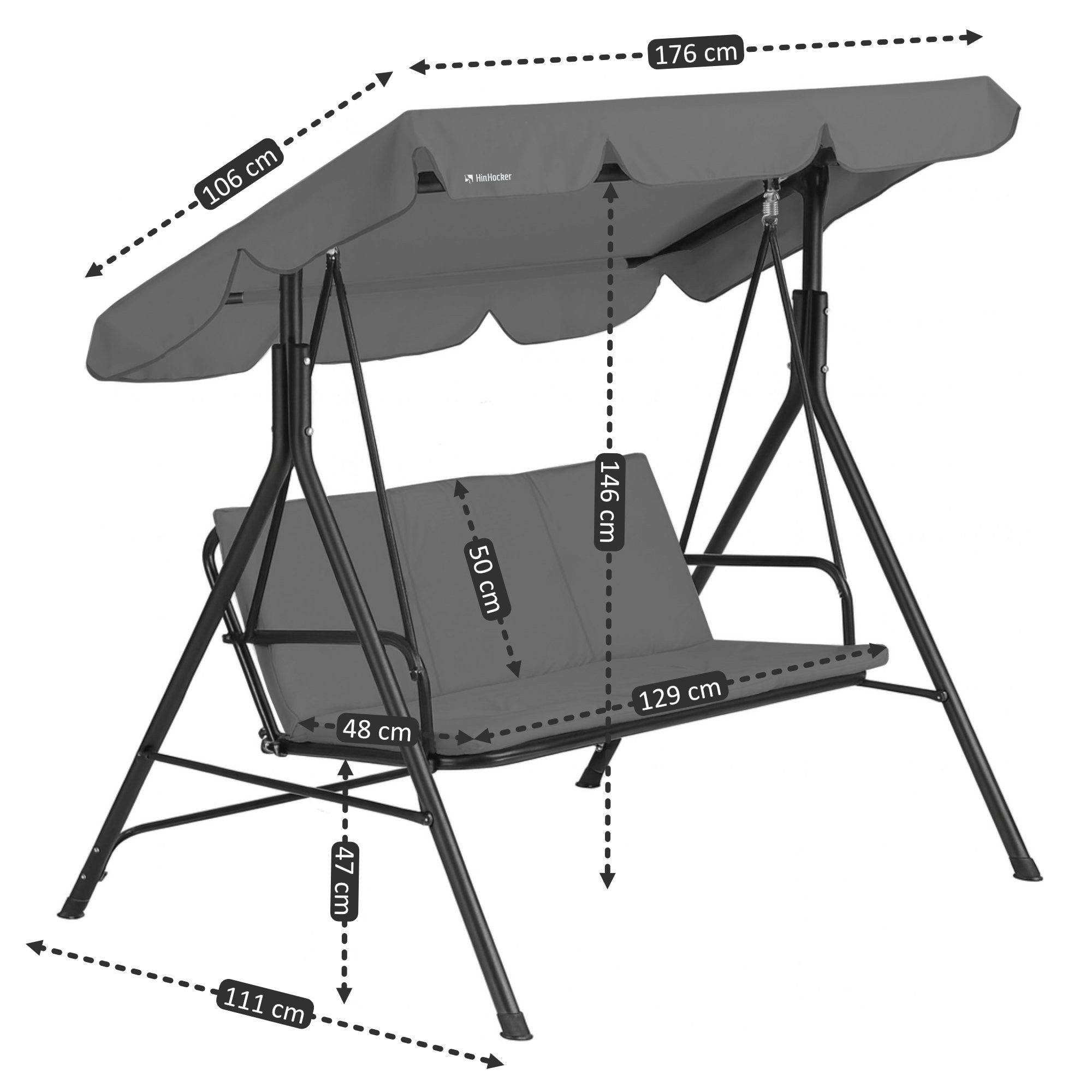 HinHocker Hollywoodschaukel 3-Sitzer mit Sonnendach, Grau, bis 250 kg belastbar, Gartenschaukel, 3.00-Sitzer, Schwingen, Sonnendach – Bild 4 von 5