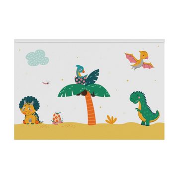 en.casa Spielzeugtruhe, »Oleiros« Dinosaurier-Motiv 40 x 60 x 30 cm Weiß/Grün/Gelb