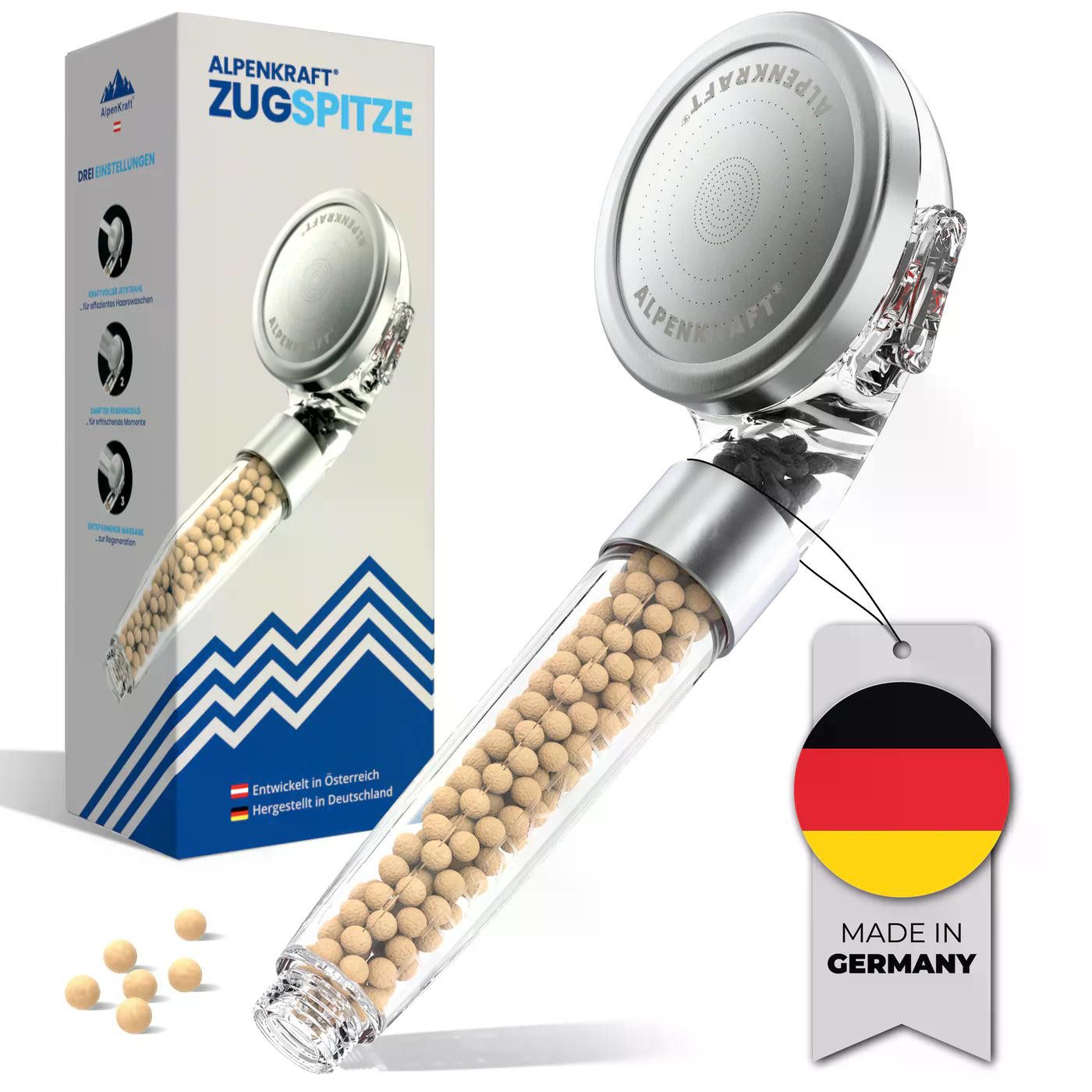 AlpenKraft Duschbrause ZugSpitze Premium mit Filter, (1-tlg), Integrierte Filtertechnologie, 3 Strahlarten und Wassersparend