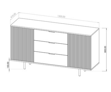 Furnix Kommode Nadija K2D3SZ Sideboard mit Schubladen und Metallfüßen Farbauswahl, Lamellenoptik, pflegeleicht, Made in EU