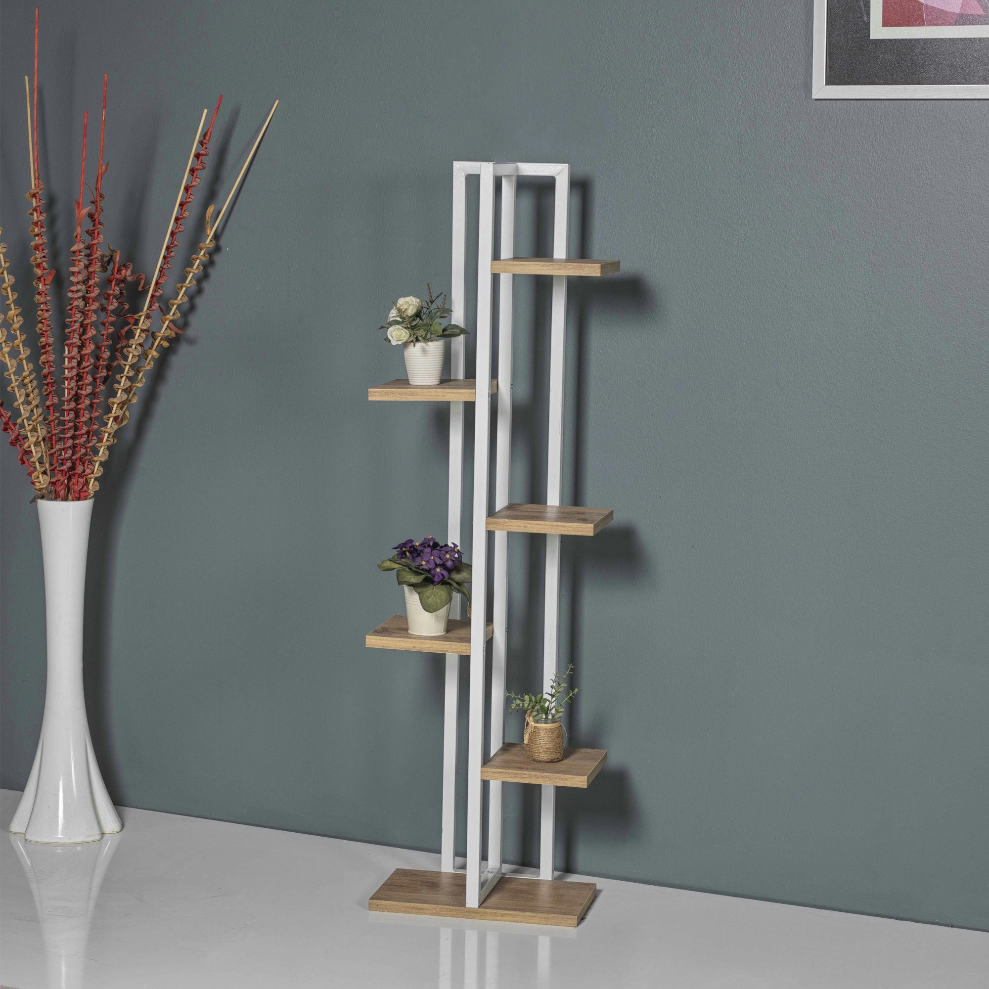 en.casa Standregal, Tohmajärvi Blumenregal 6 Ebenen, 120x34x21cm, Weiß/Waln günstig online kaufen