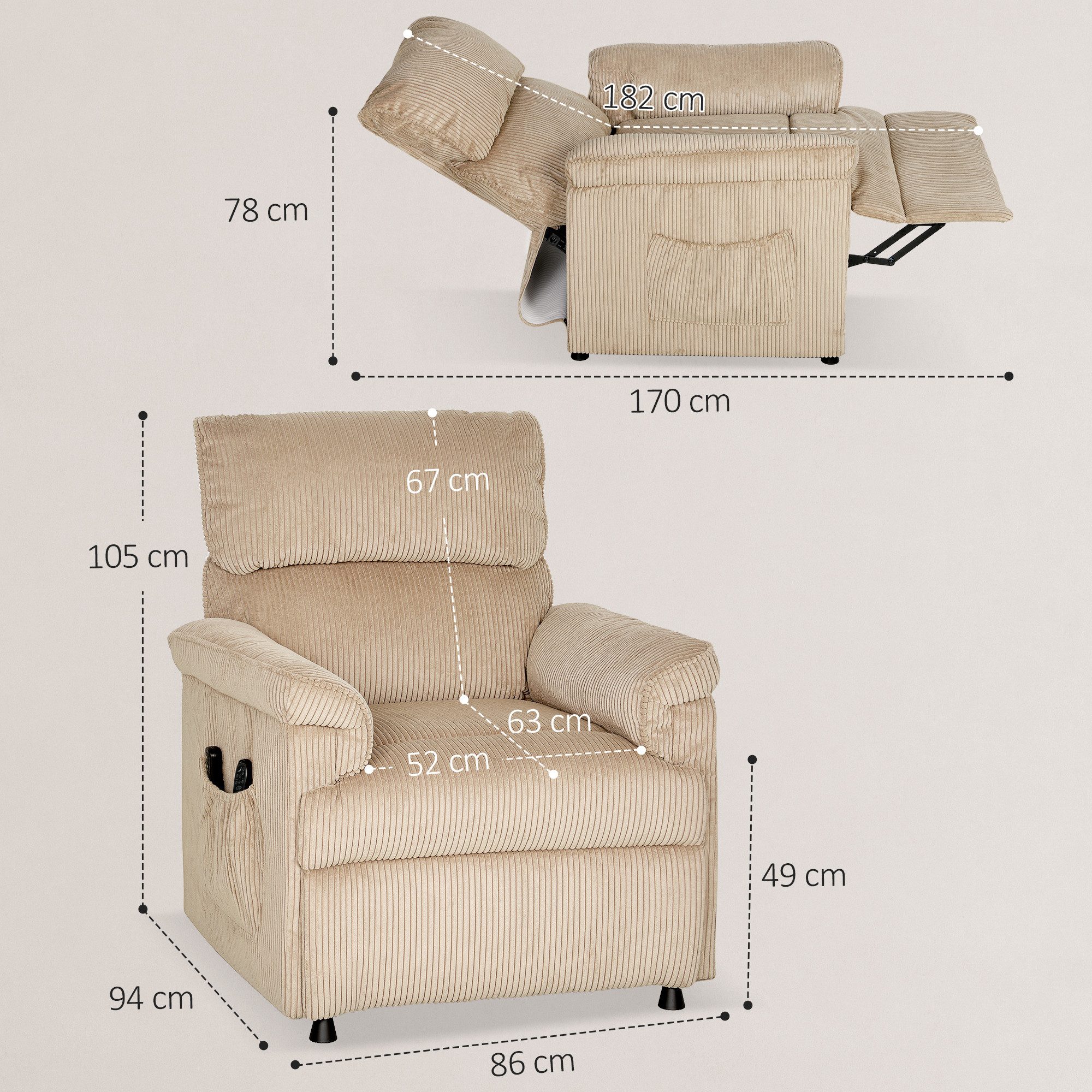 HOMCOM Massagesessel mit Fußstütze, Seitentaschen (Elektrisch Relaxsessel, 1-St., Fernsehsessel), Mit 8-Punkt-Massage und Heizfunktion, Braun – Bild 3 von 5