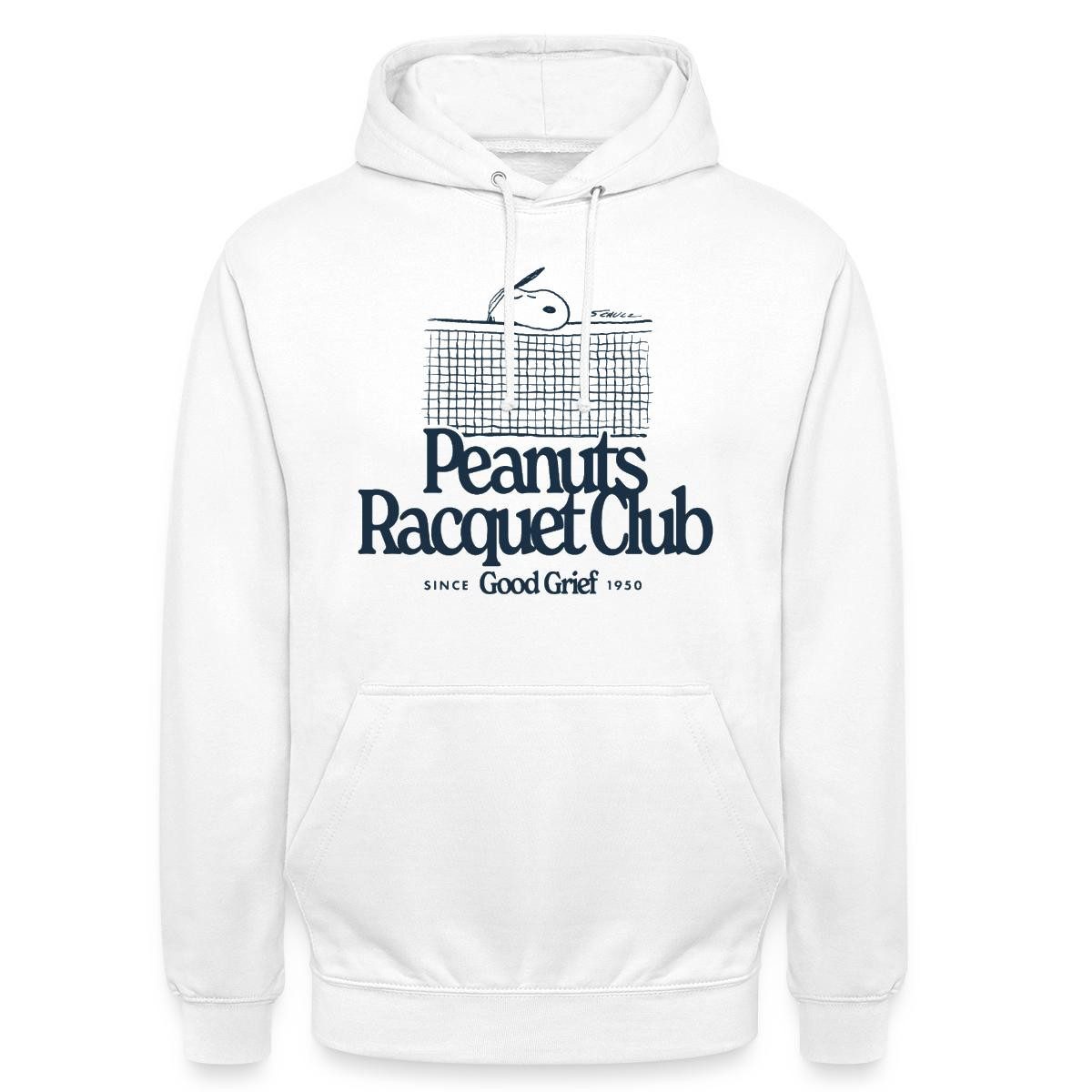 Spreadshirt Hoodie Peanuts Racquet Club Mit Snoopy Dunkel Unisex Hoodie (1-tlg) Unisex-Schnitt: Sitzt bei Männern körpernah, bei Frauen weit