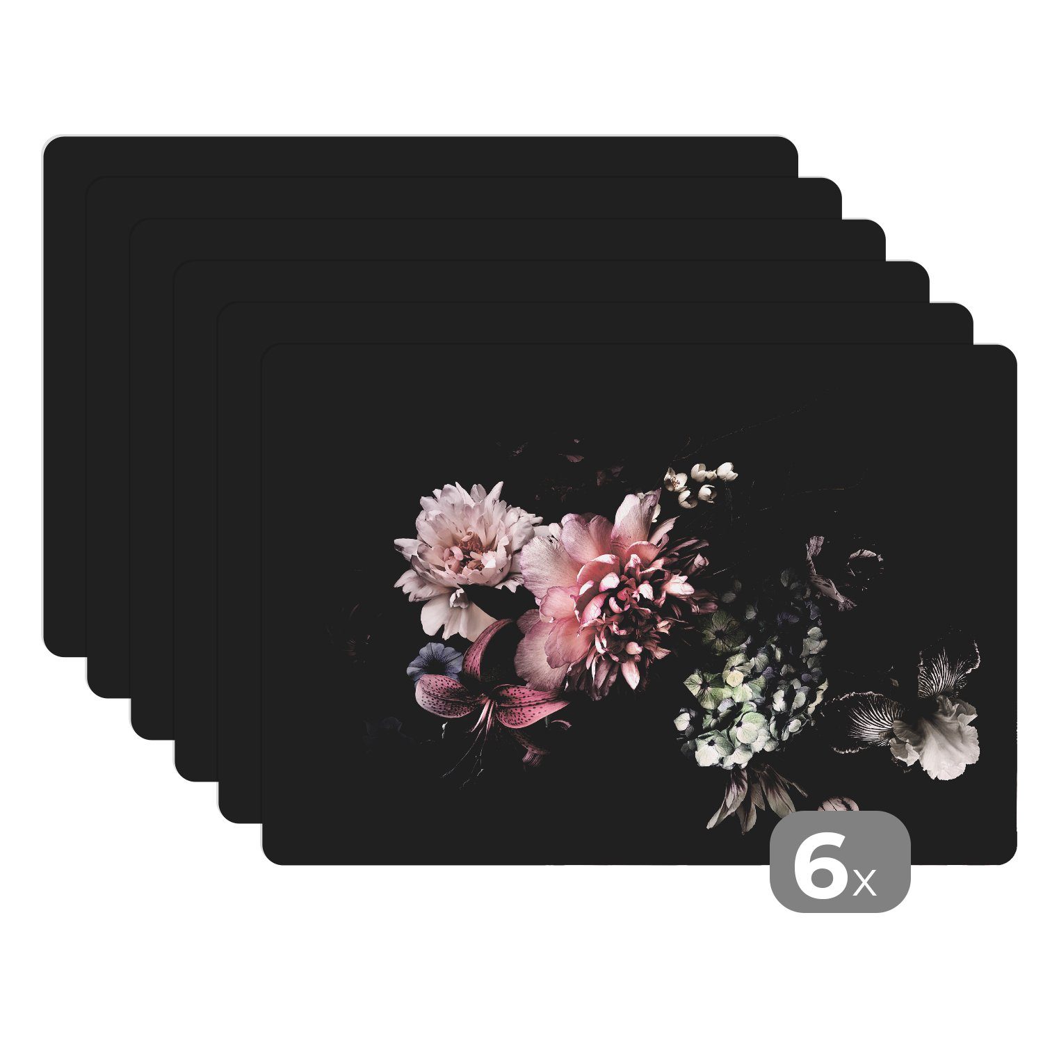 MuchoWow Platzset Blumen - Vintage - Pastell - Schwarz - Blumenstrauß, (6-St), Platzsets, Tischset, Abwaschbar, Tischsets, Platzdeckchen