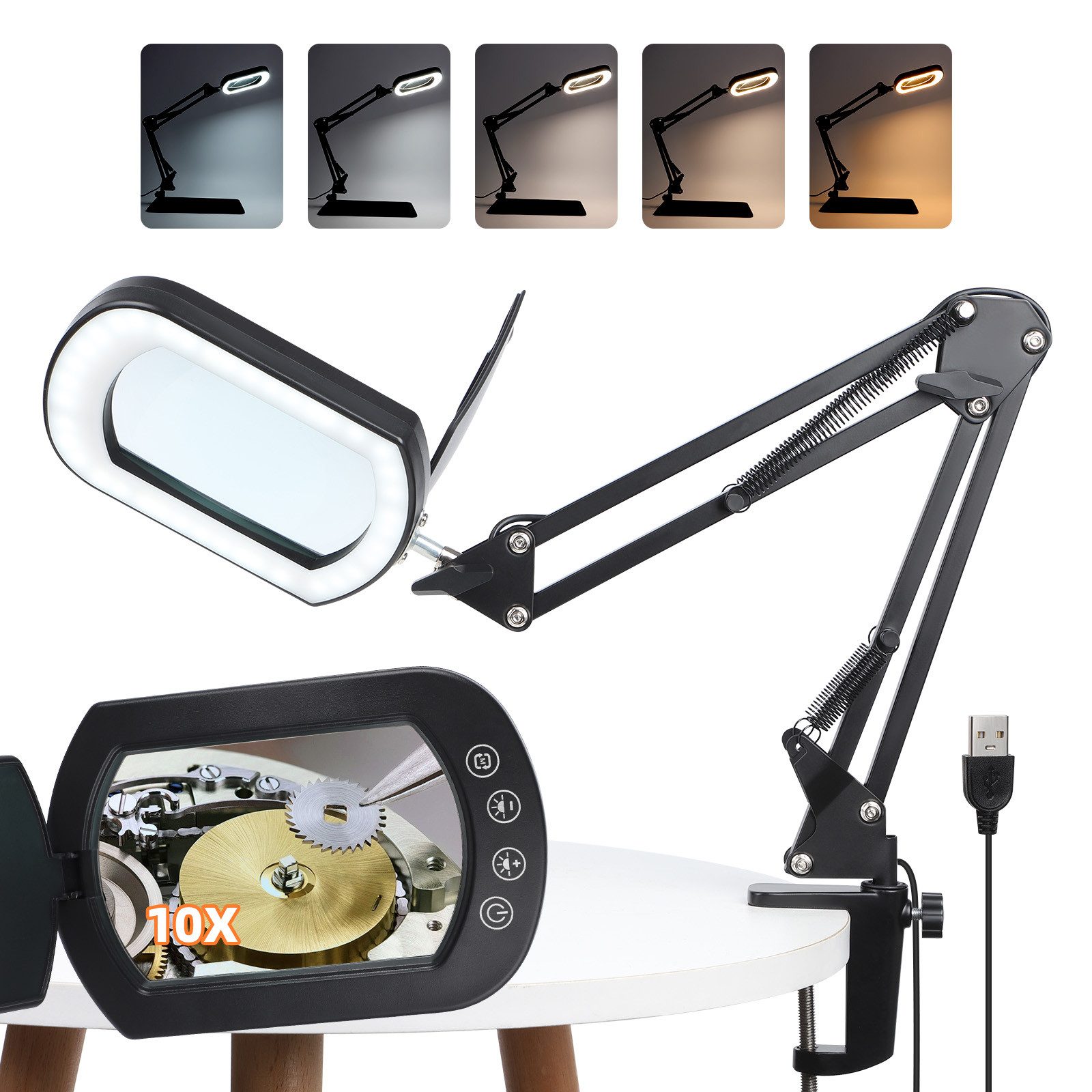 QUBEBU Lupenlampe LED Lupenleuchte 10X Dioptrien Lupenlampe Clip-On, 5 Farben, Dimmbar, LED fest integriert, 12 cm Linse, Modellbau- & Arbeitslampe für handwerkliche Reparaturen, Hände Frei für Handwerk Hobby Malerei Спрятать Arbeit