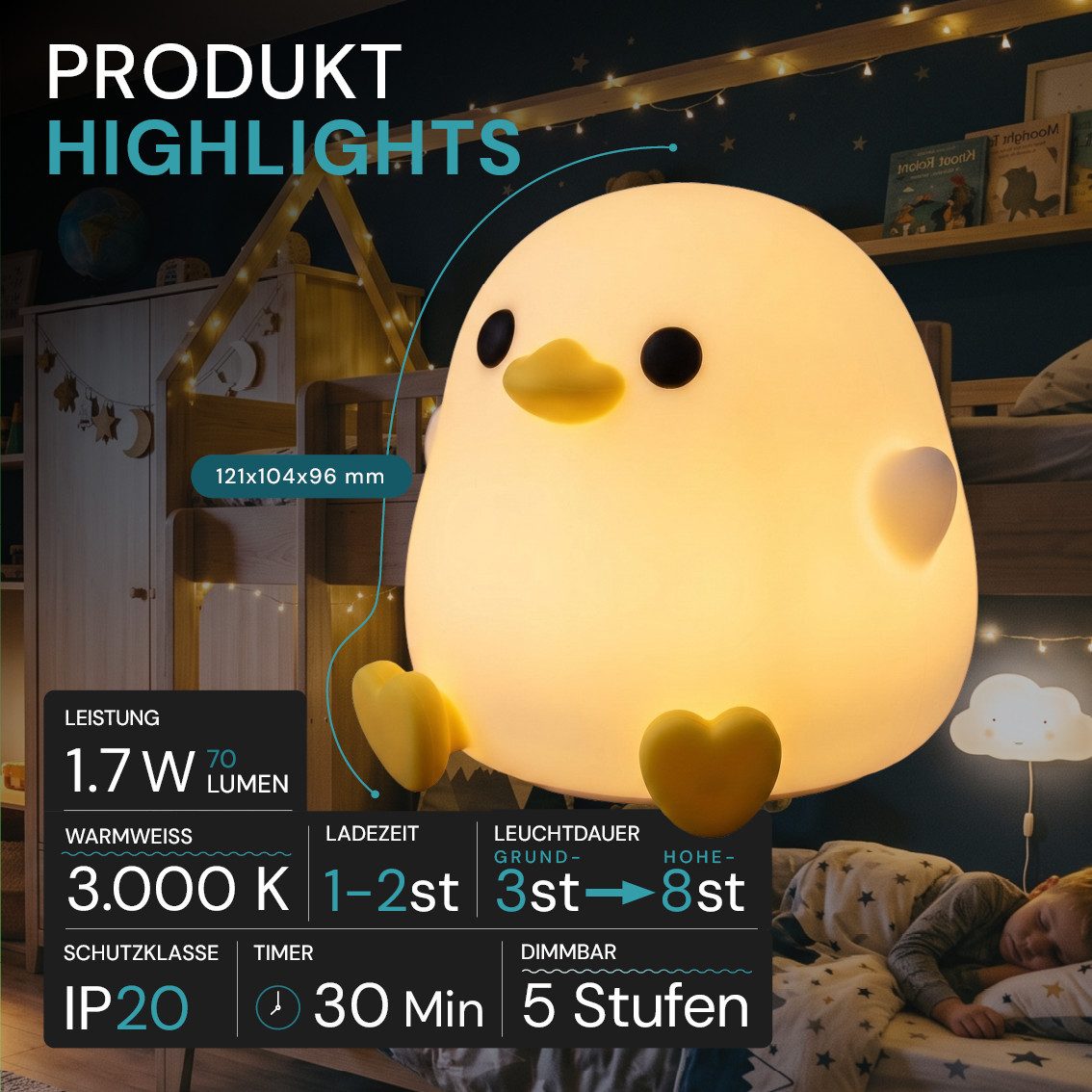 LUXULA LED Nachttischlampe LED-Nachtlicht, LED fest integriert, 1,7W Schlummerlicht Weiß aus Silikon durch Drücken dimmbar mit Akku