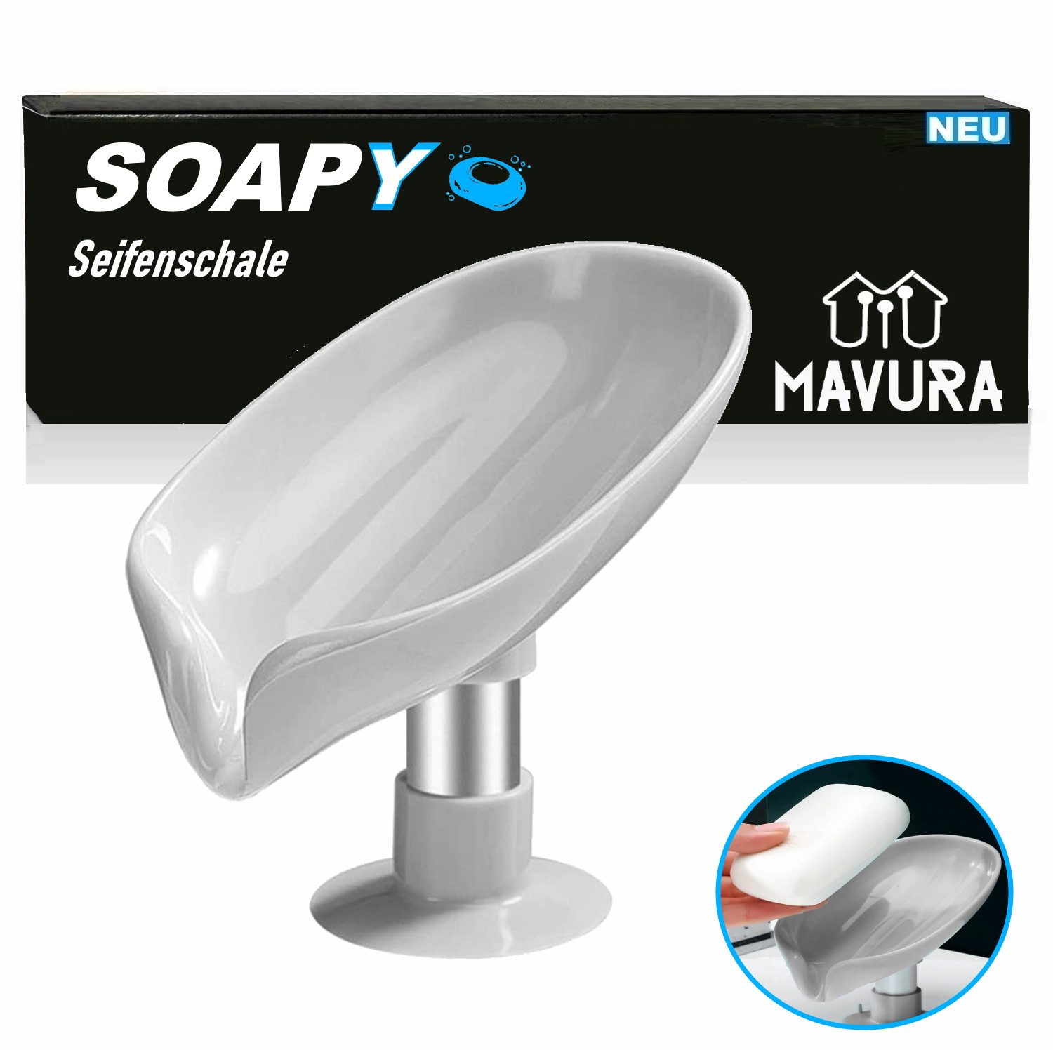 MAVURA Seifenschale SOAPY Seifen Schale Seifenablage Seifen Halter Ablage, Seifenhalterung Seifenteller, ohne Bohren mit Saugnapf selbstentleerend grau