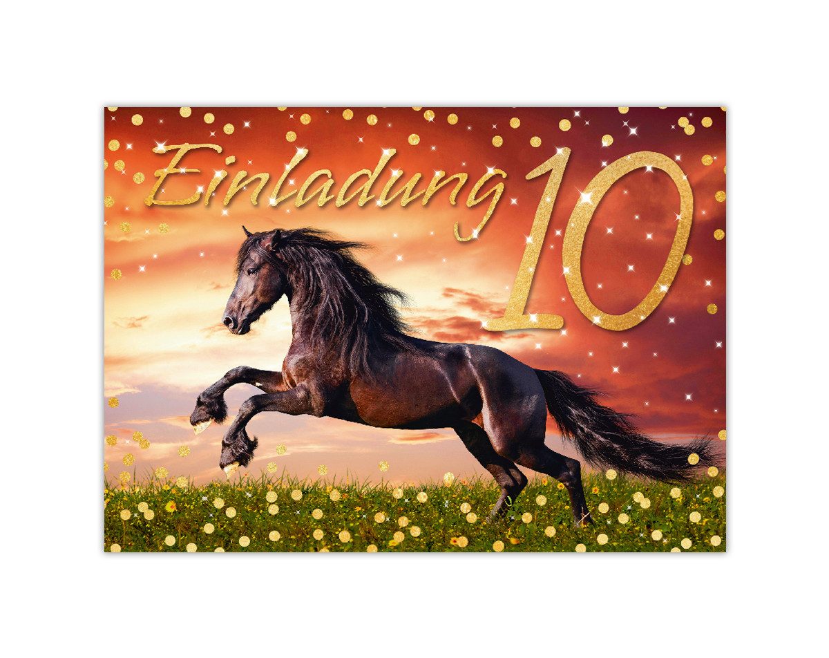 JUNAPACK Einladungskarten Pferd Einladungen zum 10. Kindergeburtstag Fohlen Karten Mädchen, Einladungskarten zum zehnten Geburtstag mit Pferd Motiv