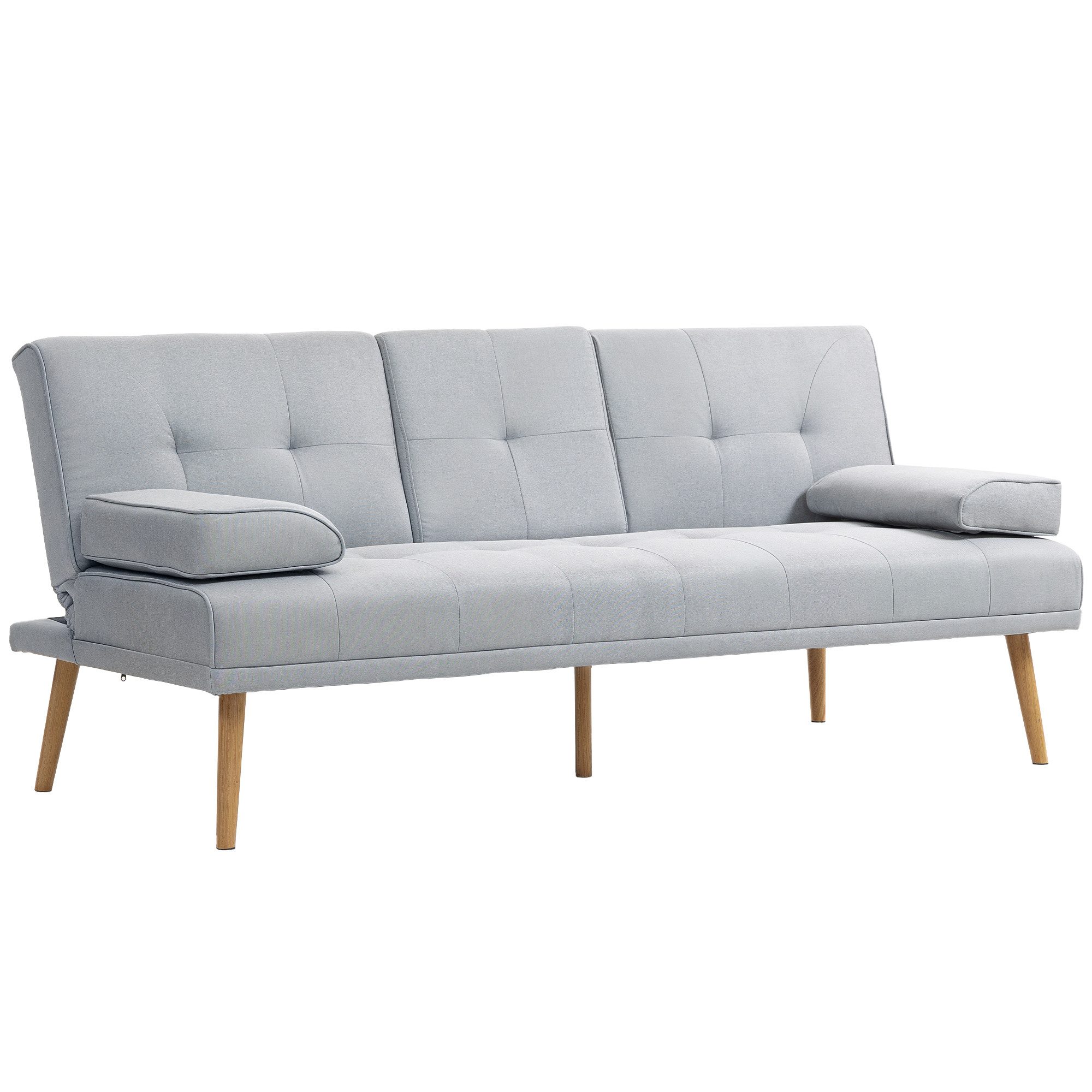 HOMCOM Schlafsofa Dreisitzer mit Bettfunktion, Einzelbett mit Kissen, Stoffsofa 1 Teile, Schlafsofa Schlafcouch 3 Sitzer Hellgrau