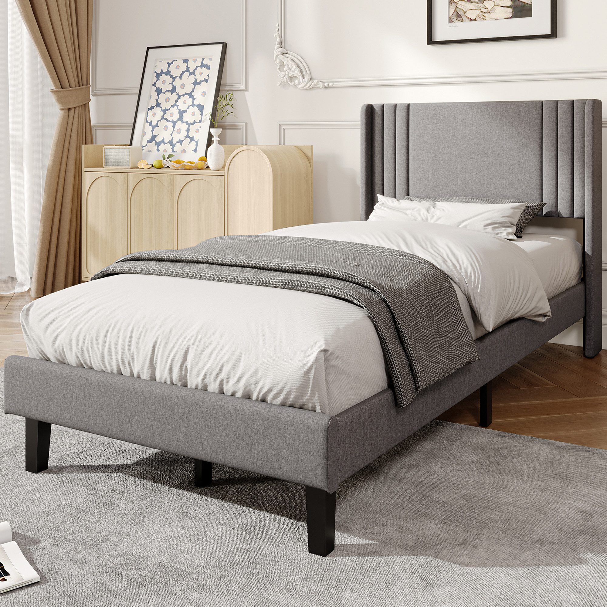 ADWOLT Polsterbett Doppelbett mit Kopfteil und Bettgestell (Packung, 1-tlg), 90x200 cm,Jugendbett,360 kg Tragfähigkeit,Leinenstoff – Grau