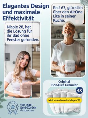 BonAura Luftentfeuchter AirOne Lite ohne Strom I Raum Entfeuchter mit 450g Granulat, für 36 m³ Räume, Tank 1,00 l, 450g Granulat, 360° Belüftung, Ausgiesser, Füllstandsanzeige, 1L