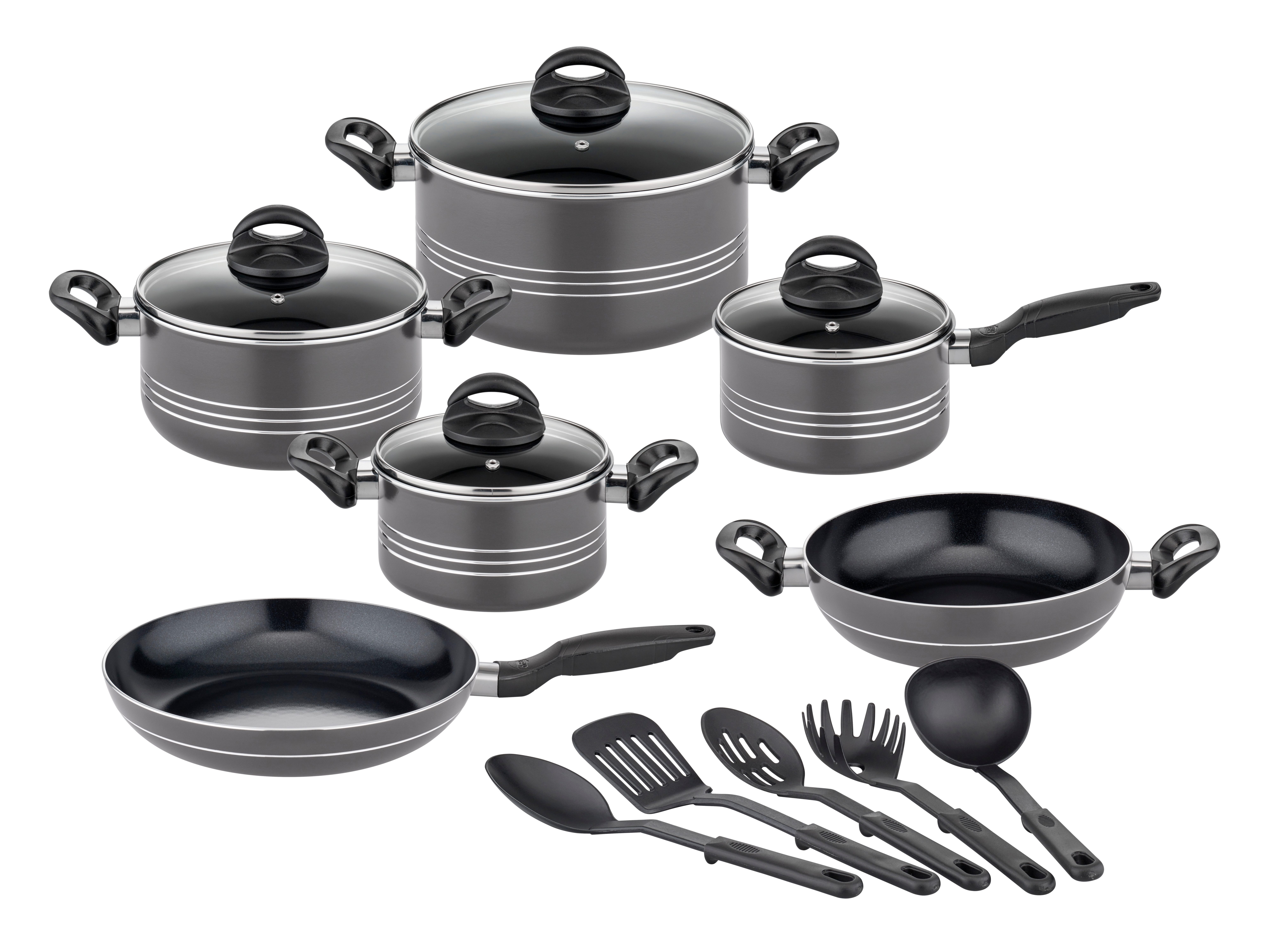 GSW Topf-Set Milano, inkl. 5-teiliges Küchenhelfer-Set, Aluminium, Kunststoff (Set, 15-tlg., je 1 Kochtopf 16/20/24cm, 1 Stielkasserolle 16cm, je 1 Pfanne 24/28cm), Kochtopf-Set mit Antihaft-Versiegelung, Induktion