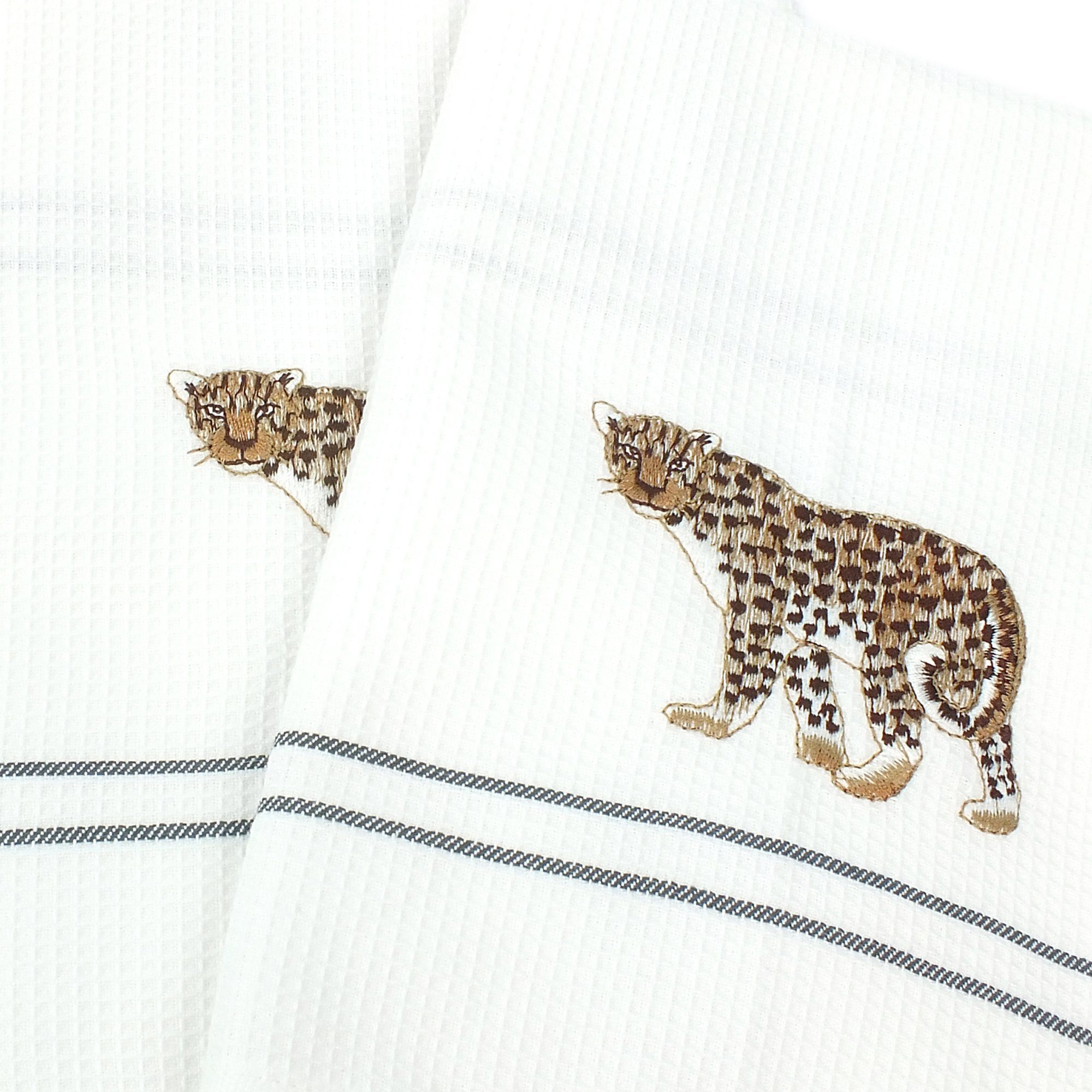 Lasa Home Geschirrtuch Embroideries, (Set, 2-tlg), 2er Pack Geschirrtücher ca.50x70cm Baumwolle Stickerei Waffelpique Leopard