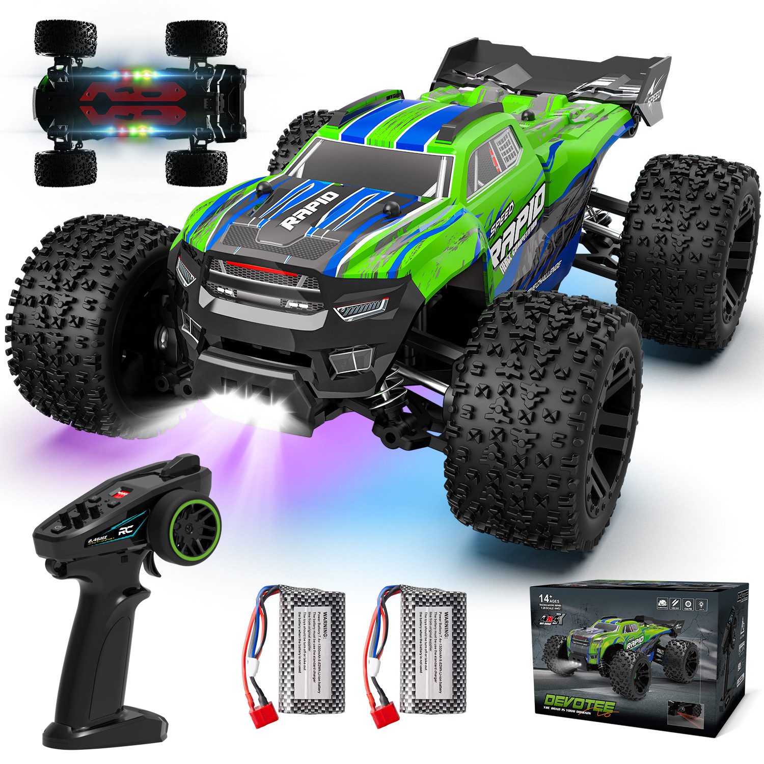 Esun RC-Auto Ferngesteuertes Auto mit Farbiges Licht, 1/18 32+km/h RC Auto Offroad (SET, 2.4GHz Ferngesteuerter Monstertruck), Monstertruck, 4WD Ferngesteuerte Autos Erwachsene