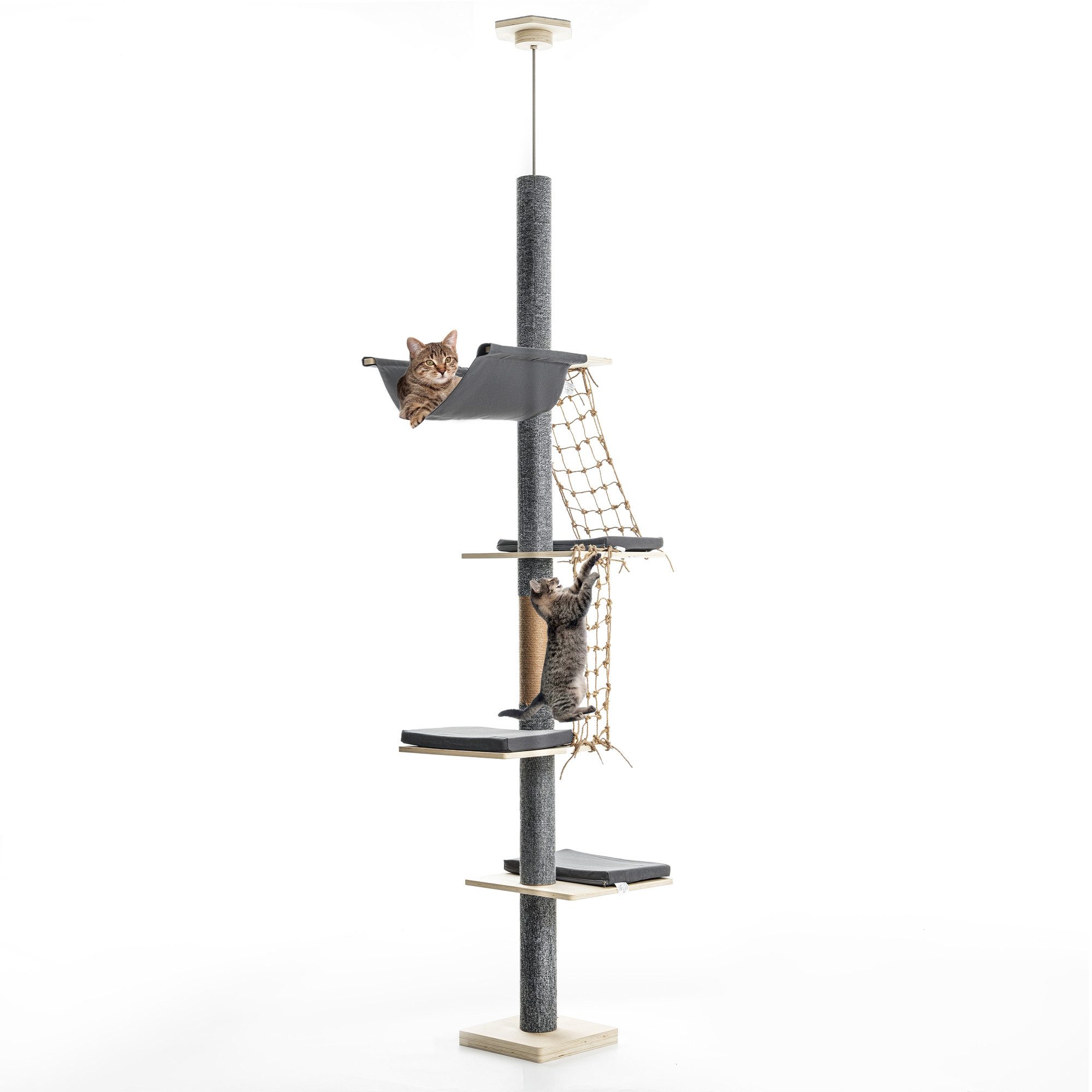 Kraus-Magazin Kratzbaum Indoor-Kletterturm deckenhoch, Höhenverstellbar 236 cm - 270 cm, mit Hängematte und Kletternetz